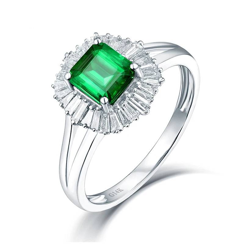 14K White Gold Natural Green Emerald & Diamond Ring – Elegant Engagement Ring for Women, Wedding Proposal, Anniversary Gift, Bridal Jewelry