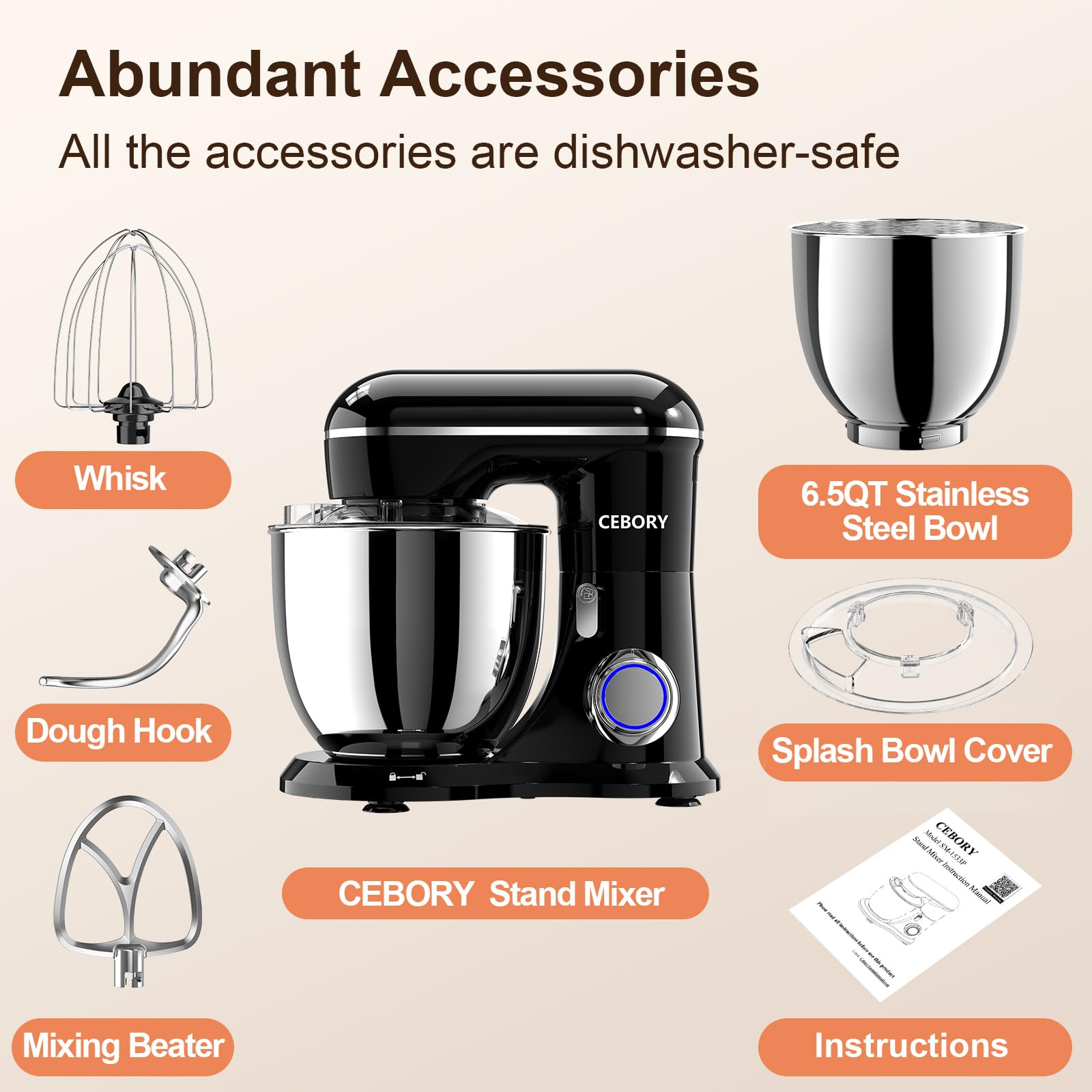 **6.5QT 660W 10-Speed Electric Stand Mixer - 3-in-1 Kitchen Mixer with Dough Hook, Beater & Whisk - Perfect for Baking Bread, Cakes & Home Cooking - Ideal for Bakers & Home Chefs (Black)**    **Usage Scenarios:** Great for kneading dough, whipping cream, mixing cake batter, and preparing homemade meals in your kitchen.