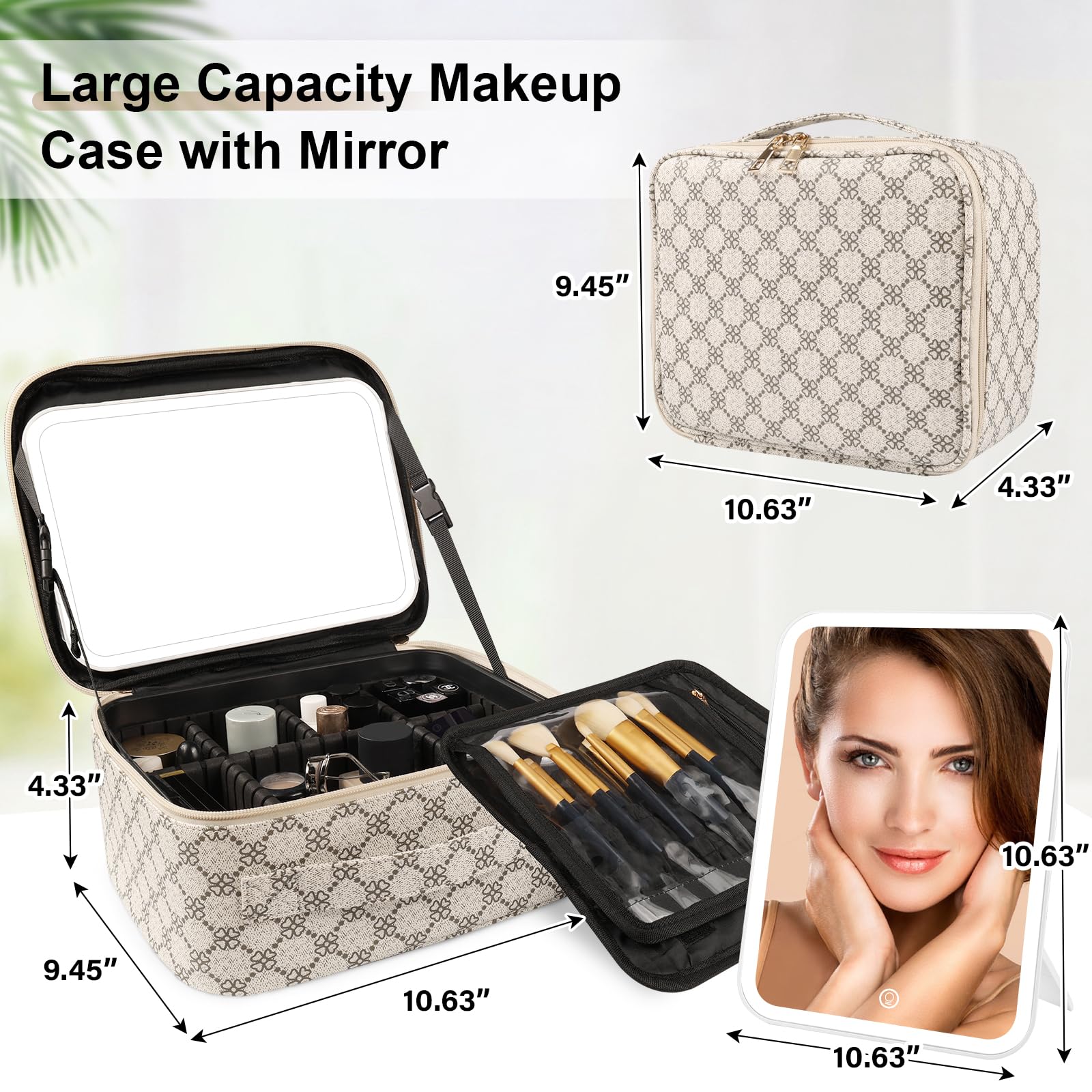 Lighted Makeup Train Case with Adjustable Brightness Mirror & Detachable 10x Magnifier - Portable Vanity Organizer for Travel, Home, and Professional Makeup Artists (Beige Clover)