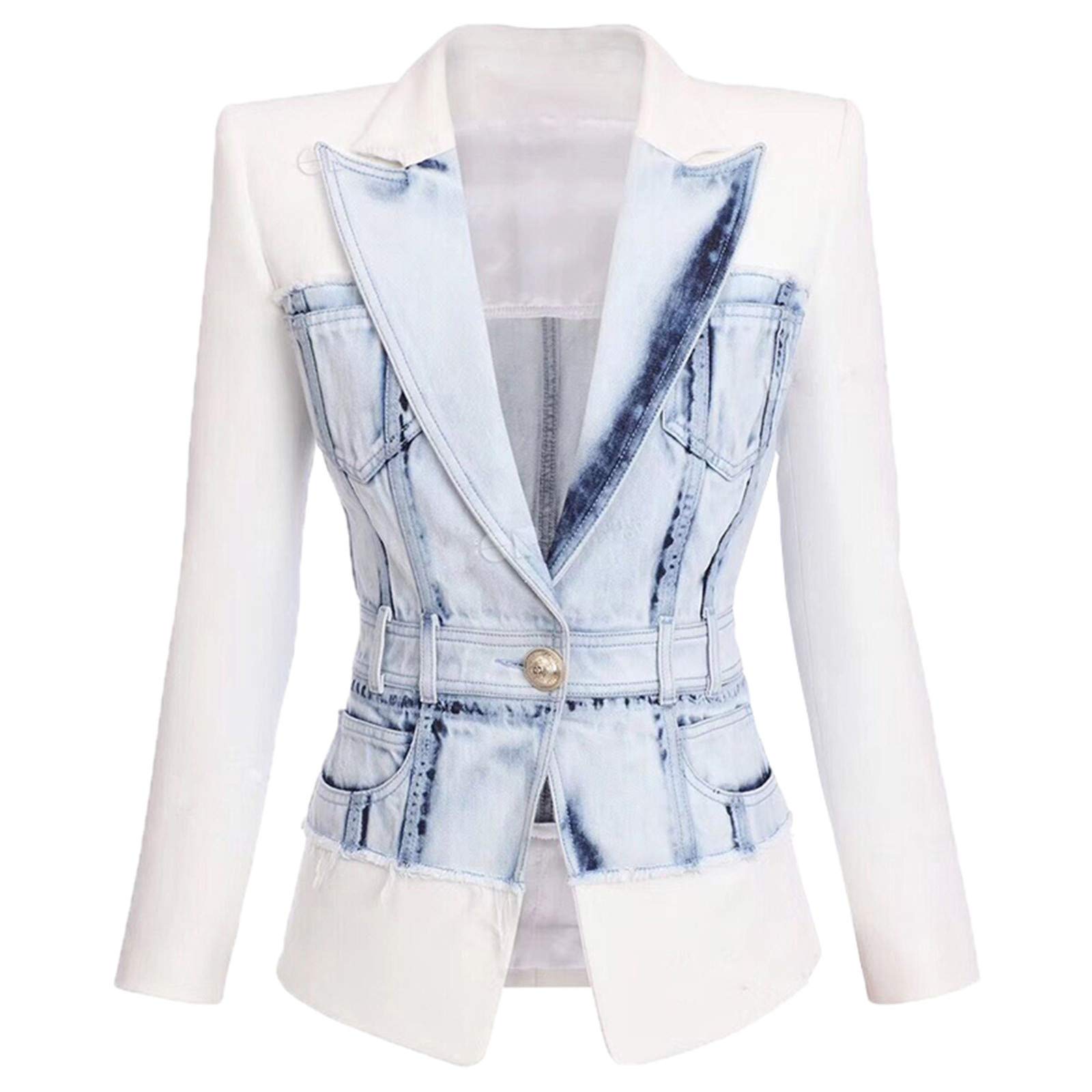 Women's Denim Patchwork Blazer Jacket - Single Button Casual & Office Wear for Work, Dates & Special Occasions