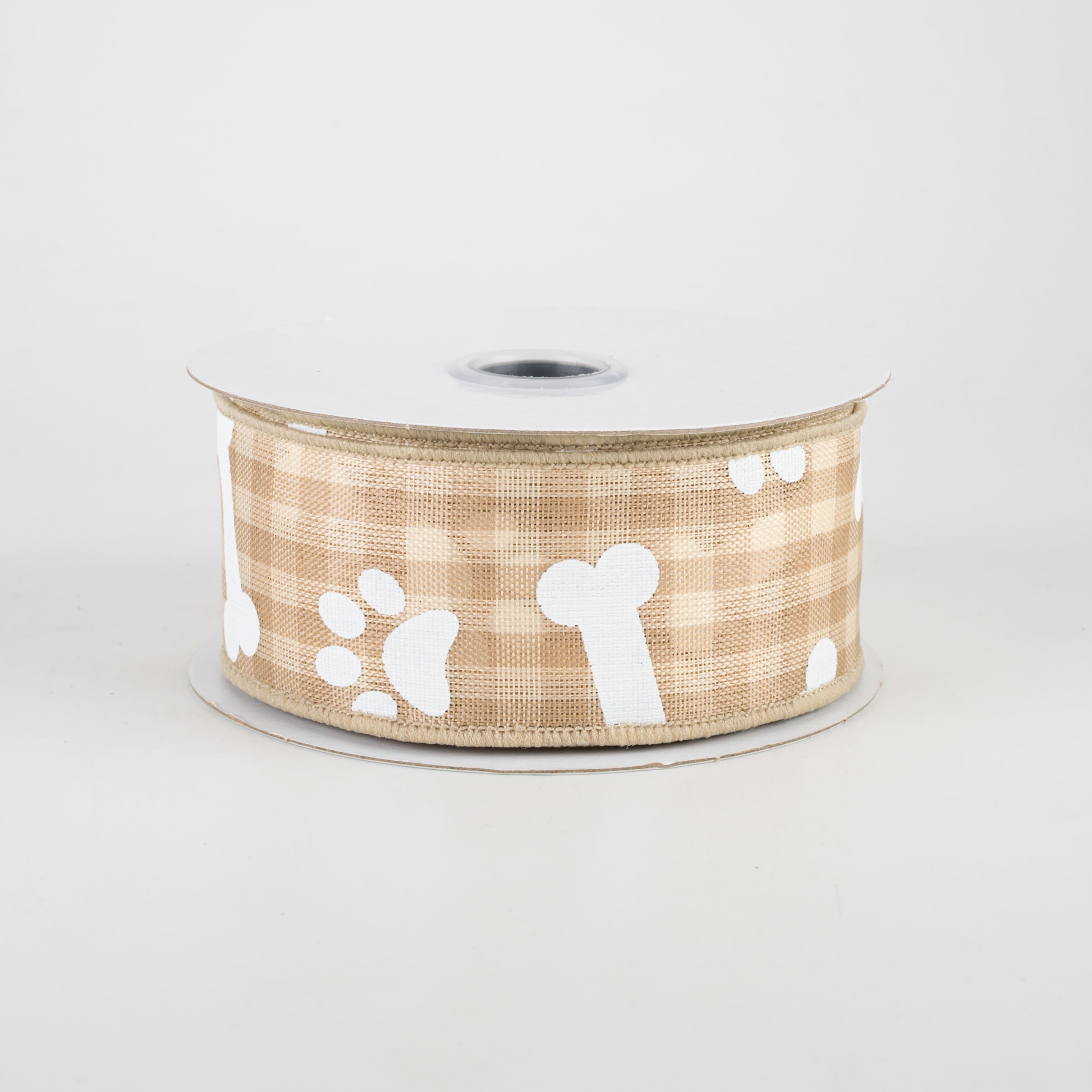 1.5 Inch Paw Prints & Dog Bones Gingham Check Ribbon - Beige & Cream Pet Craft Ribbon (10 Yards) for Dog Collar DIY, Gift Wrapping, Scrapbooking & Pet Party Decorations