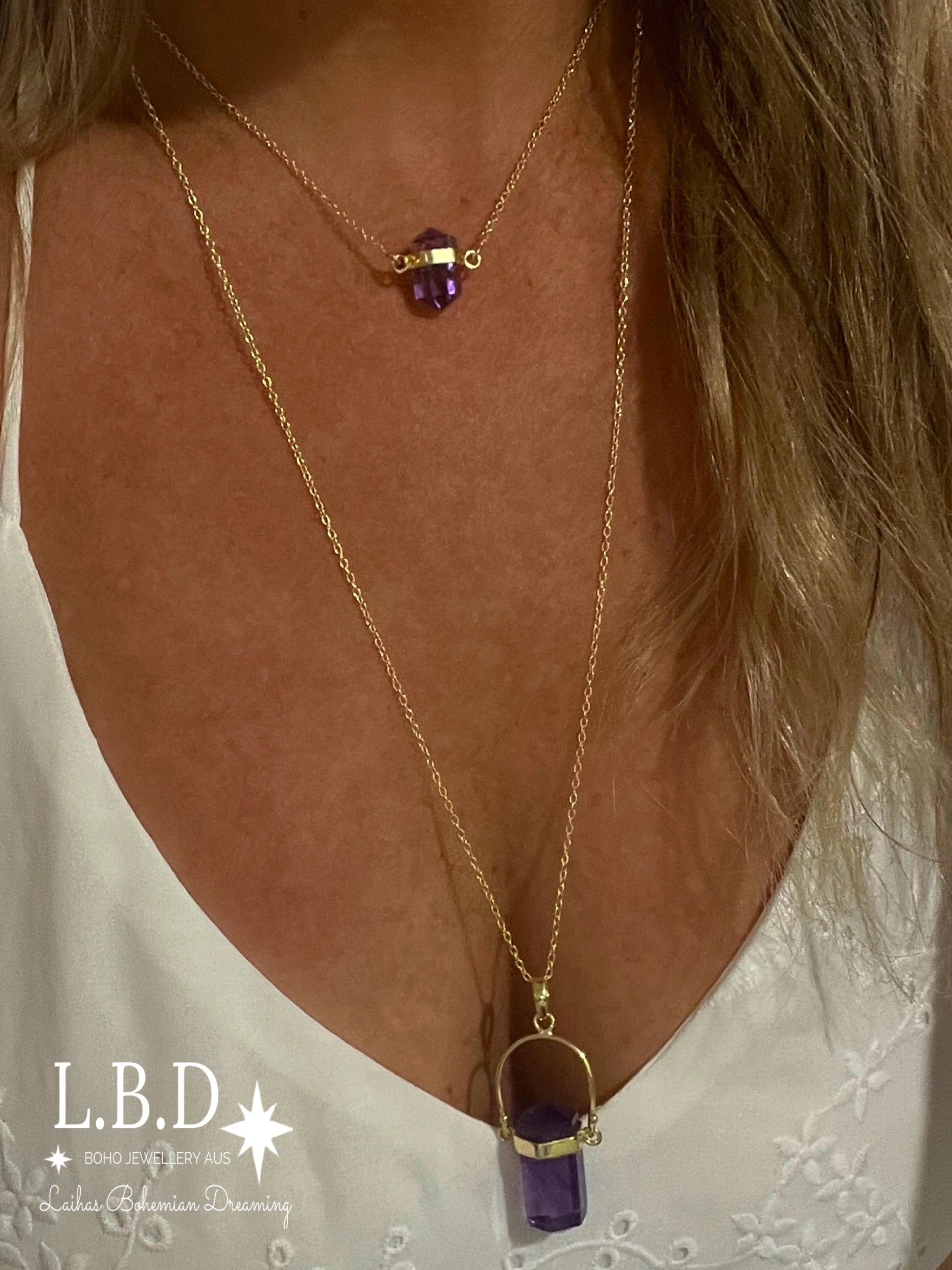 Laihas Large Crystal Kindness Gold Amethyst Necklace - Elegant Long Crystal Pendant for Women | Perfect for Weddings, Parties & Special Occasions