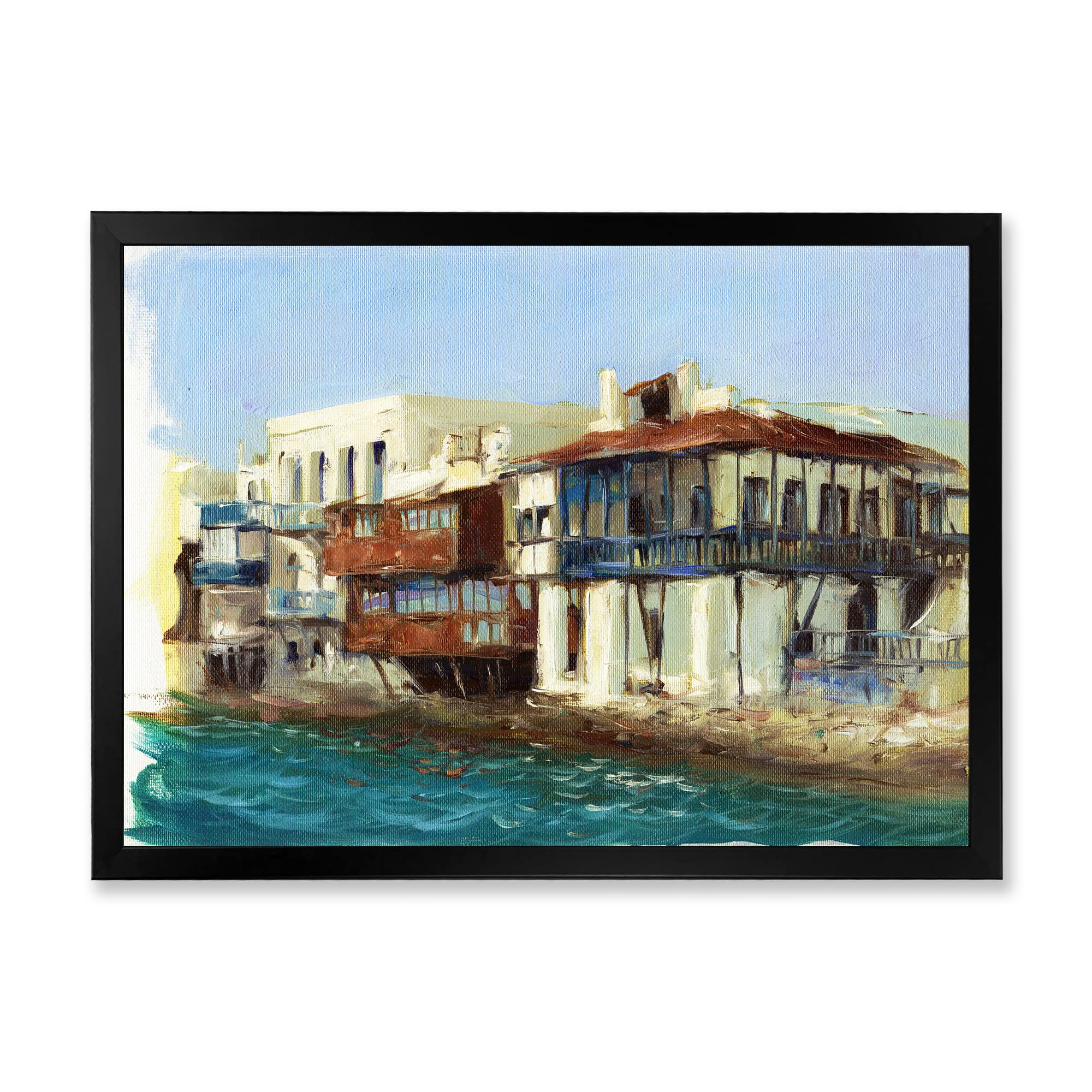 DesignQ Framed Wall Art - Old Houses in Mykonos Greece, Nautical Coastal Decor, Blue 32x32 - Perfect for Beach House, Living Room & Office Decor