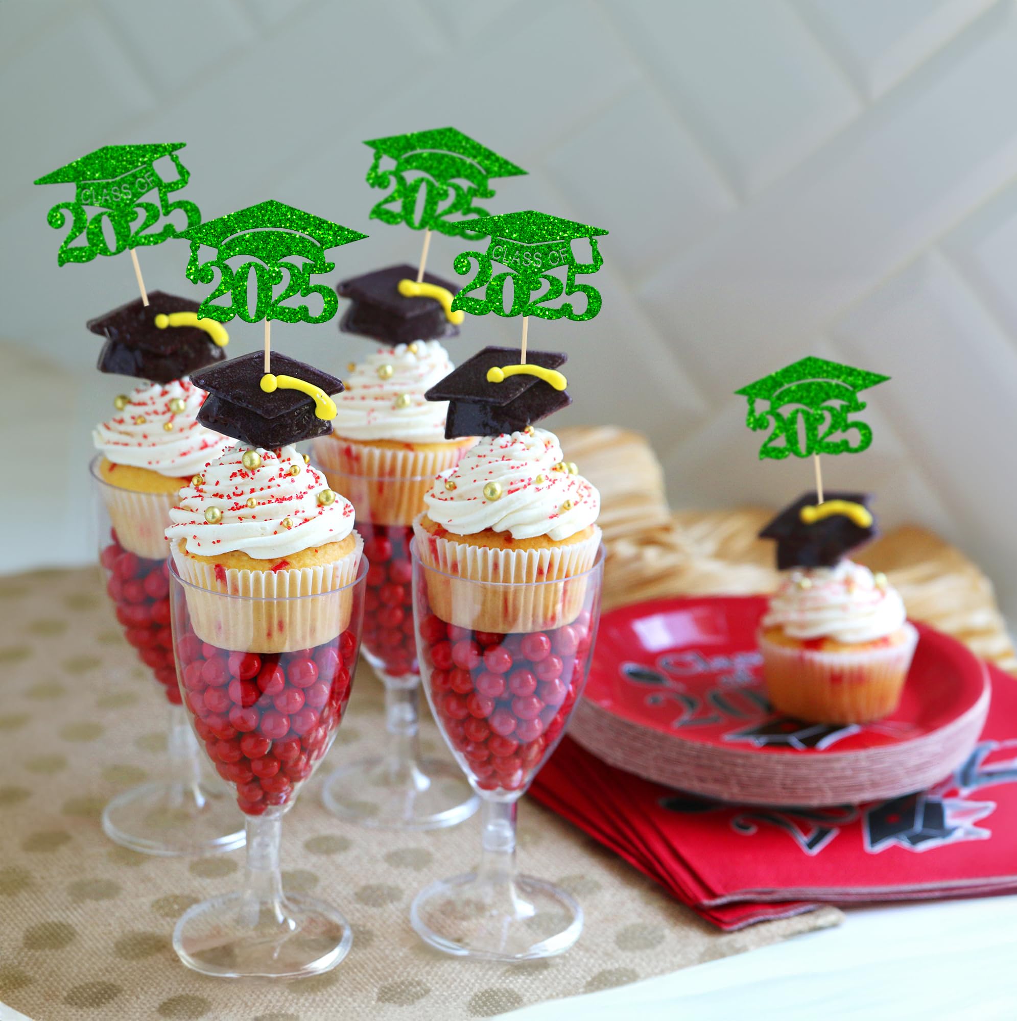 24Pcs Class of 2025 Graduation Cupcake Toppers - Green Glitter Diploma Decorations for Graduation Party, Mini Cake & Dessert Decor - Perfect for 2025 Grad Celebrations, School Events & Commencement Treats