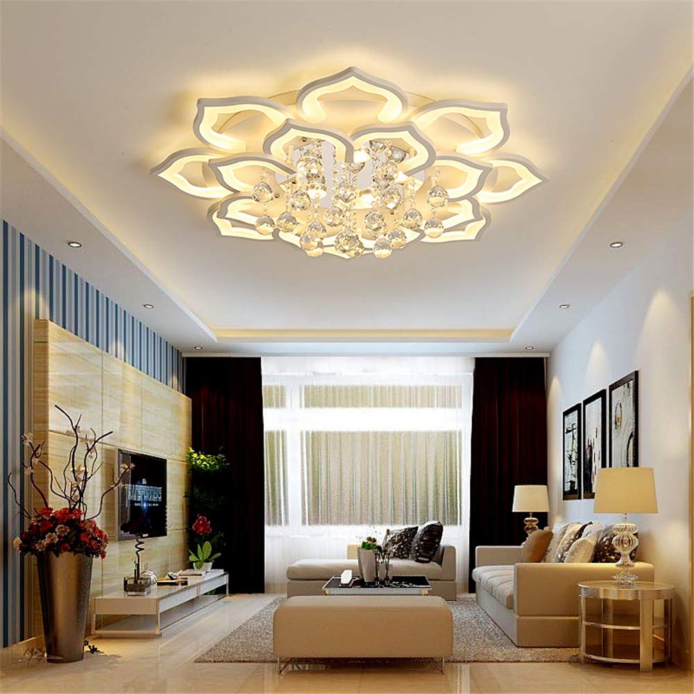 Modern White Flower Shape Ceiling Light with Crystal Ball - Minimalist Flush Mount LED Fixture, 31.5 Inch Contemporary Acrylic Design (Bulb Included) - Perfect for Living Room, Bedroom & Dining Room Lighting