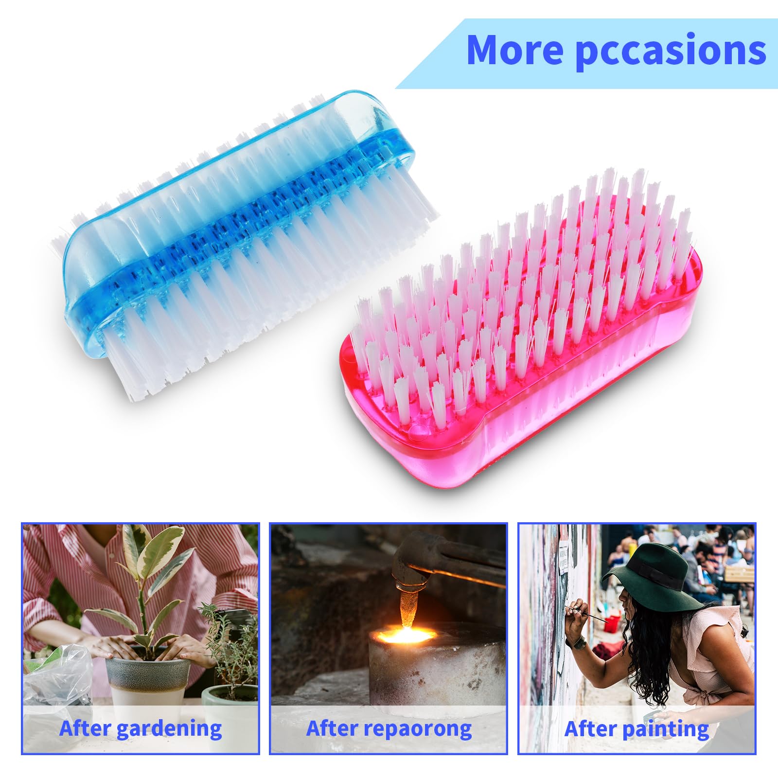 Double Sided Nail Clean Up Brush with Stiff Nylon Bristles - Professional Cuticle & Nail Cleaning Tool for Manicures & Pedicures - Perfect for Men & Women (2 Pack, Red & Blue) - Ideal for Salon, Home & Travel Nail Care