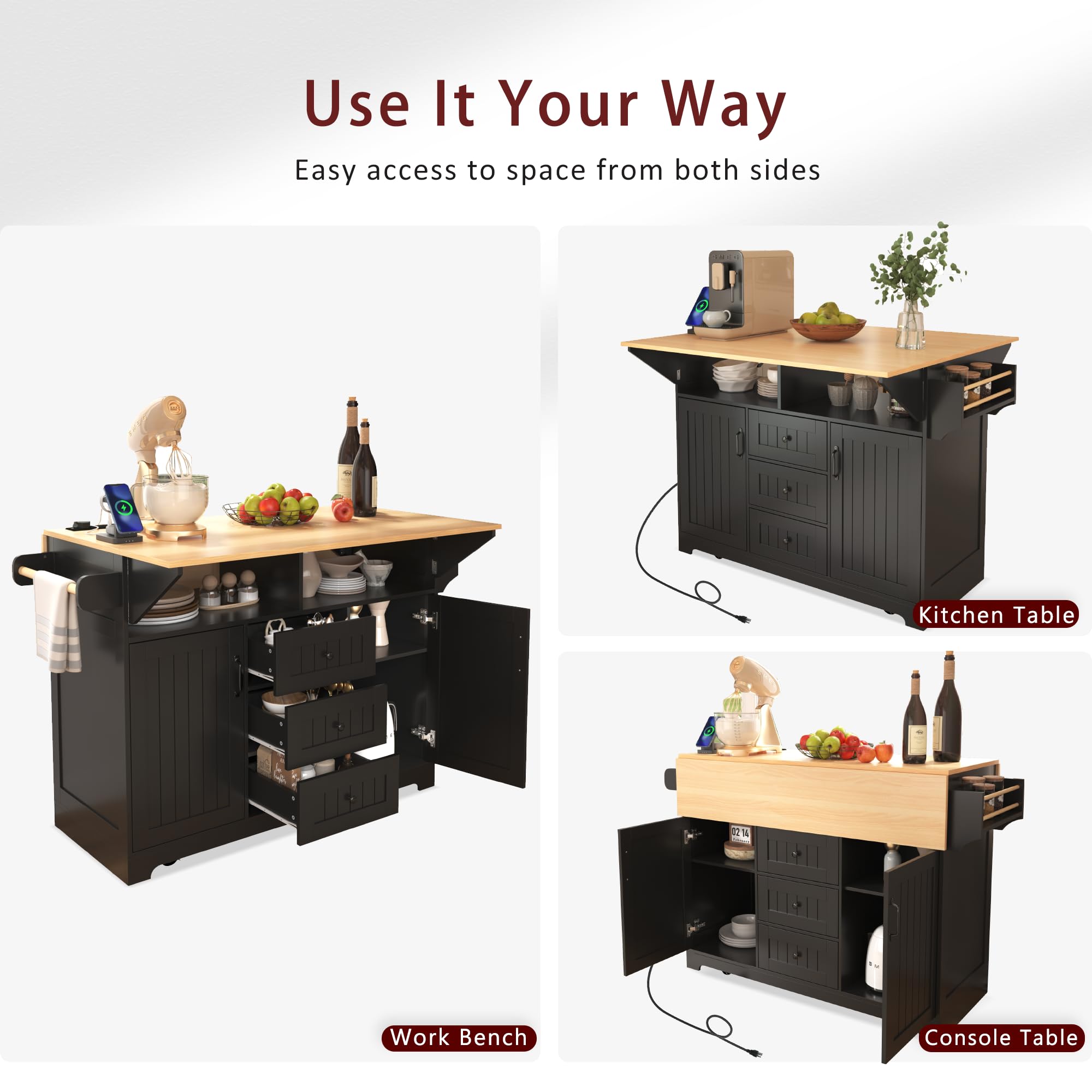Modern Large Kitchen Island with 2 Drop Leaf, 5-Wheel Rolling Cart with Power Outlet, Folding Storage Dining Table for Kitchen & Dining Room - Black (Space-Saving Design for Small Kitchens, Perfect for Entertaining & Meal Prep)
