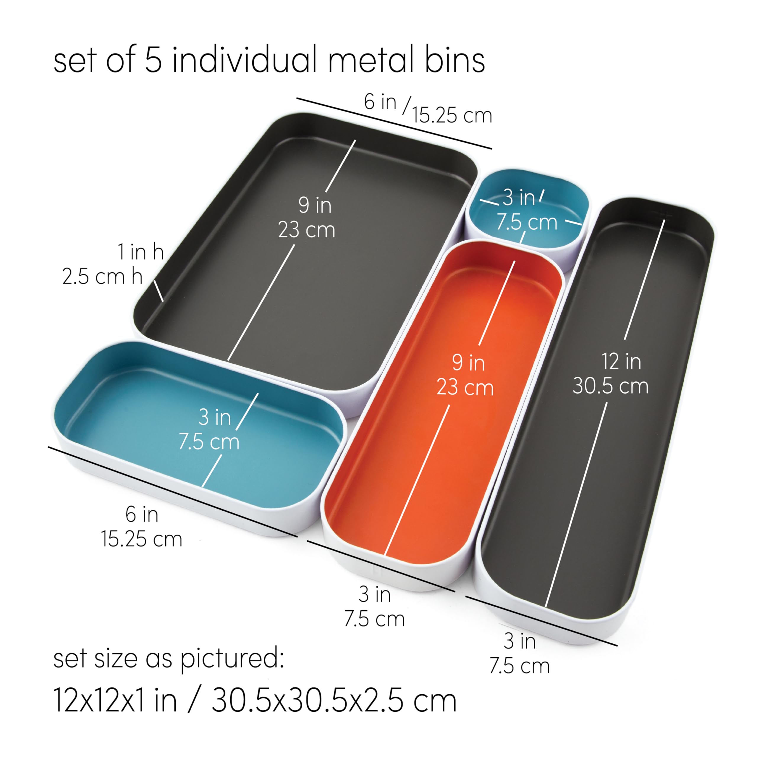 3-Piece Metal Organizer Tray Set for Makeup, Office Supplies & Kitchen Utensils - 1 Inch Gray, Sky Blue & Orange Drawer Organizers for Desk, Bathroom & Kitchen Storage