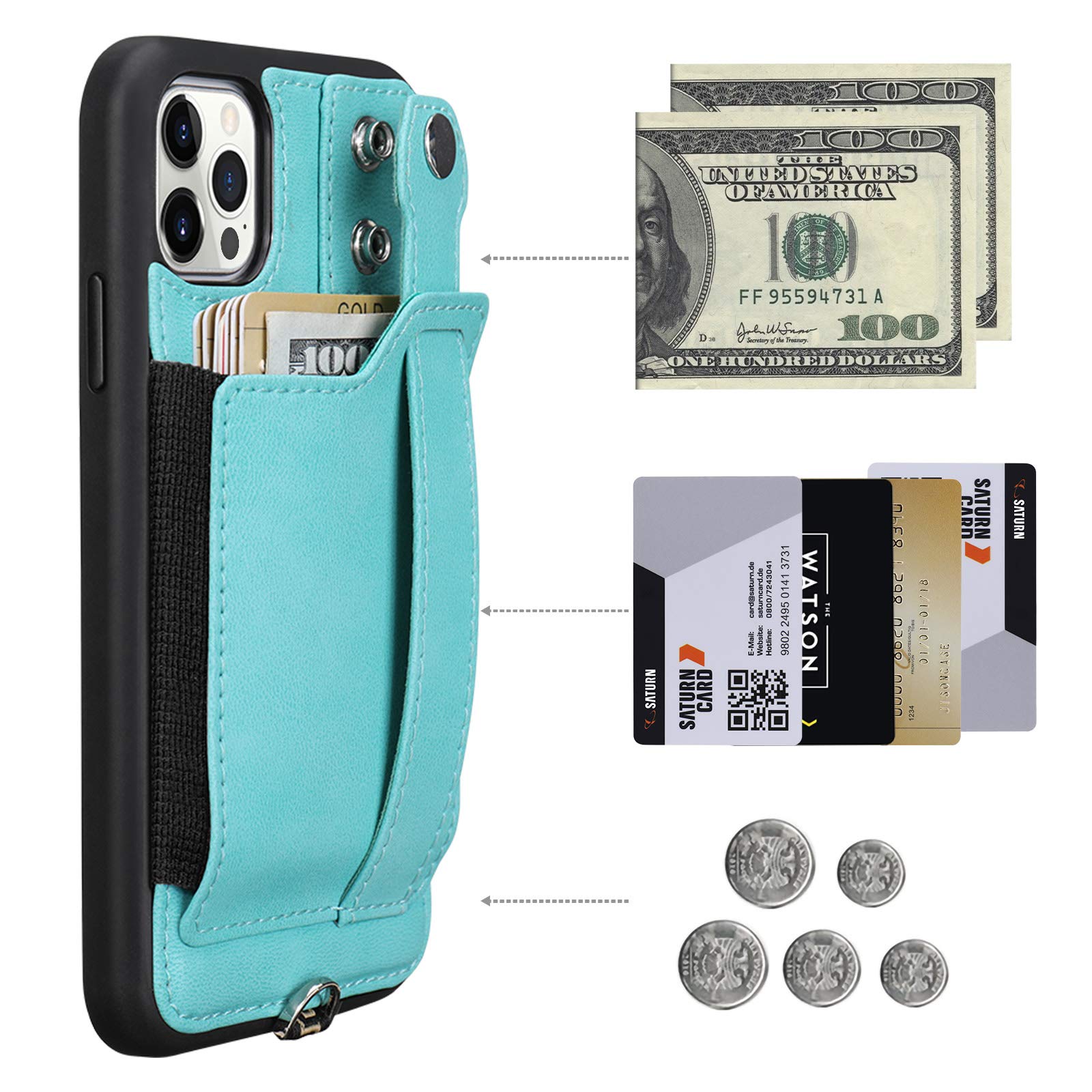 TOOVREN iPhone 12/12 Pro Case with Strap & Card Holder - Slim Protective Wallet Cover for iPhone 12/12 Pro 6.1