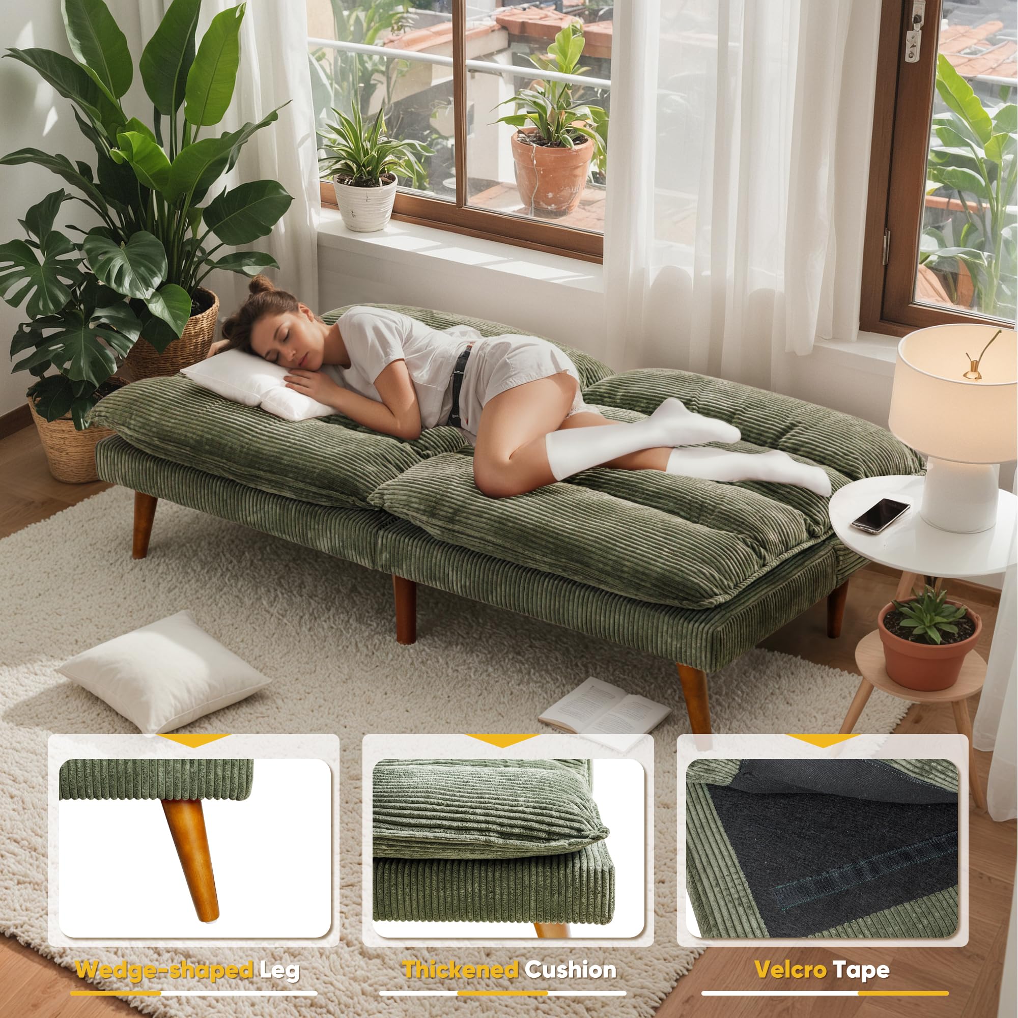 Flamaker Convertible Futon Sofa Bed - Adjustable Back Upholstered Sleeper Couch for Living Room, Guest Room & Small Spaces (Corduroy Fabric, Green) - Perfect for Apartments, Dorms & Home Offices