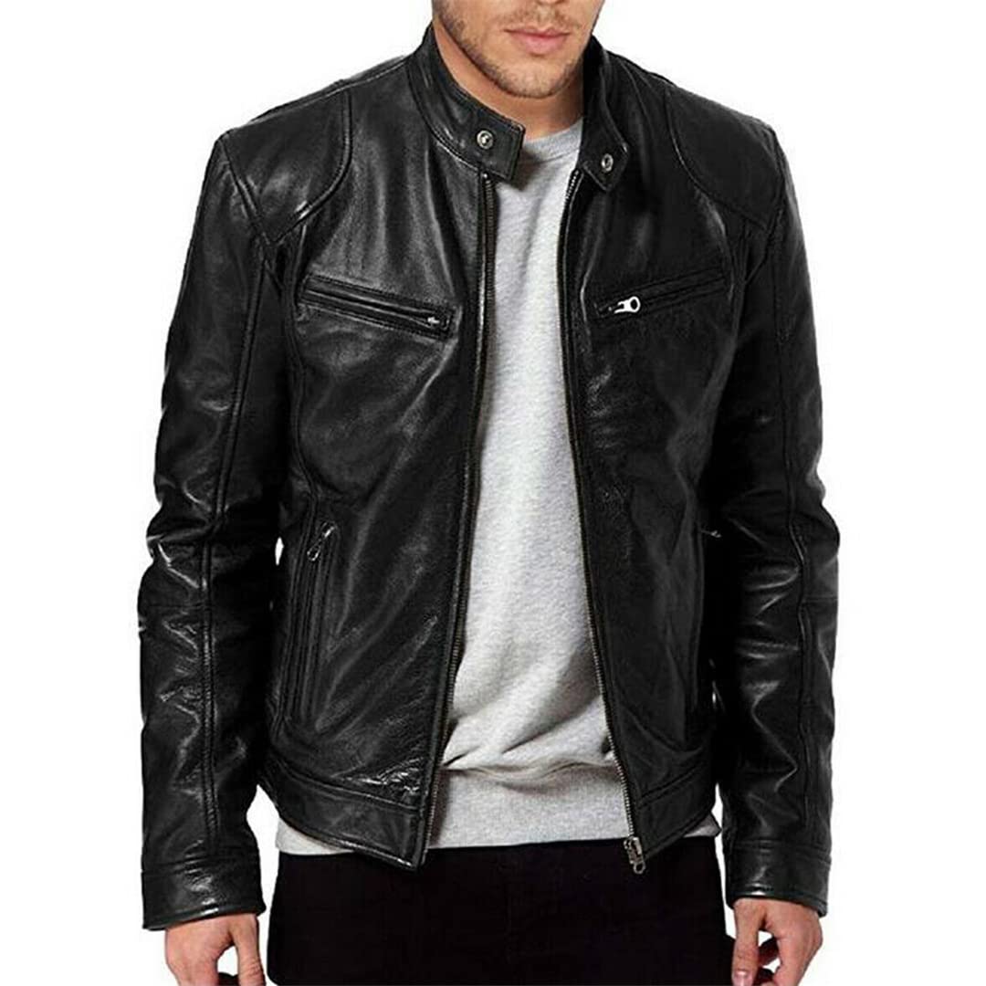 Men's Slim Fit Motorcycle Jacket - PU Leather Short Coat with Stand Collar & Zipper | Windproof Winter & Autumn Riding Jacket | Perfect for Biking, Commuting & Outdoor Adventures