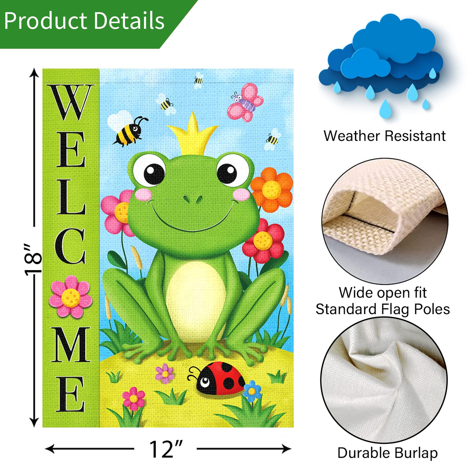 Double Sided 12x18 Inch Burlap Frog Garden Flag - Hello Summer Vertical Outdoor Yard Decoration | Seasonal Spring & Summer Welcome Banner for House, Patio, Lawn | Perfect for Front Porch, Garden Decor, Backyard Parties