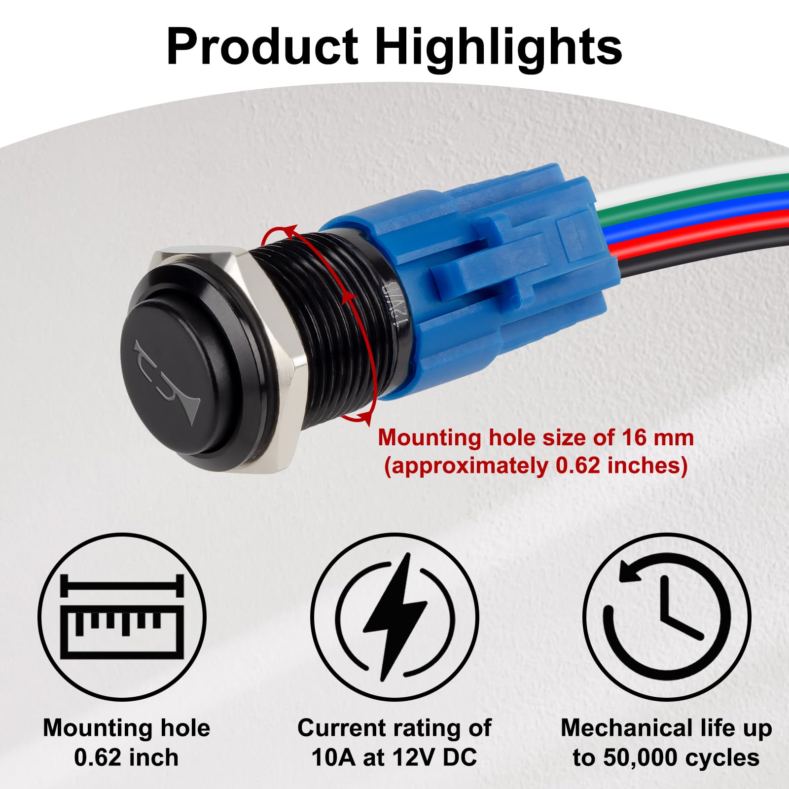 12V 16MM Raised Horn Switch with Red LED - Momentary Push Button for Automotive, Car, Boat & Train (5/8
