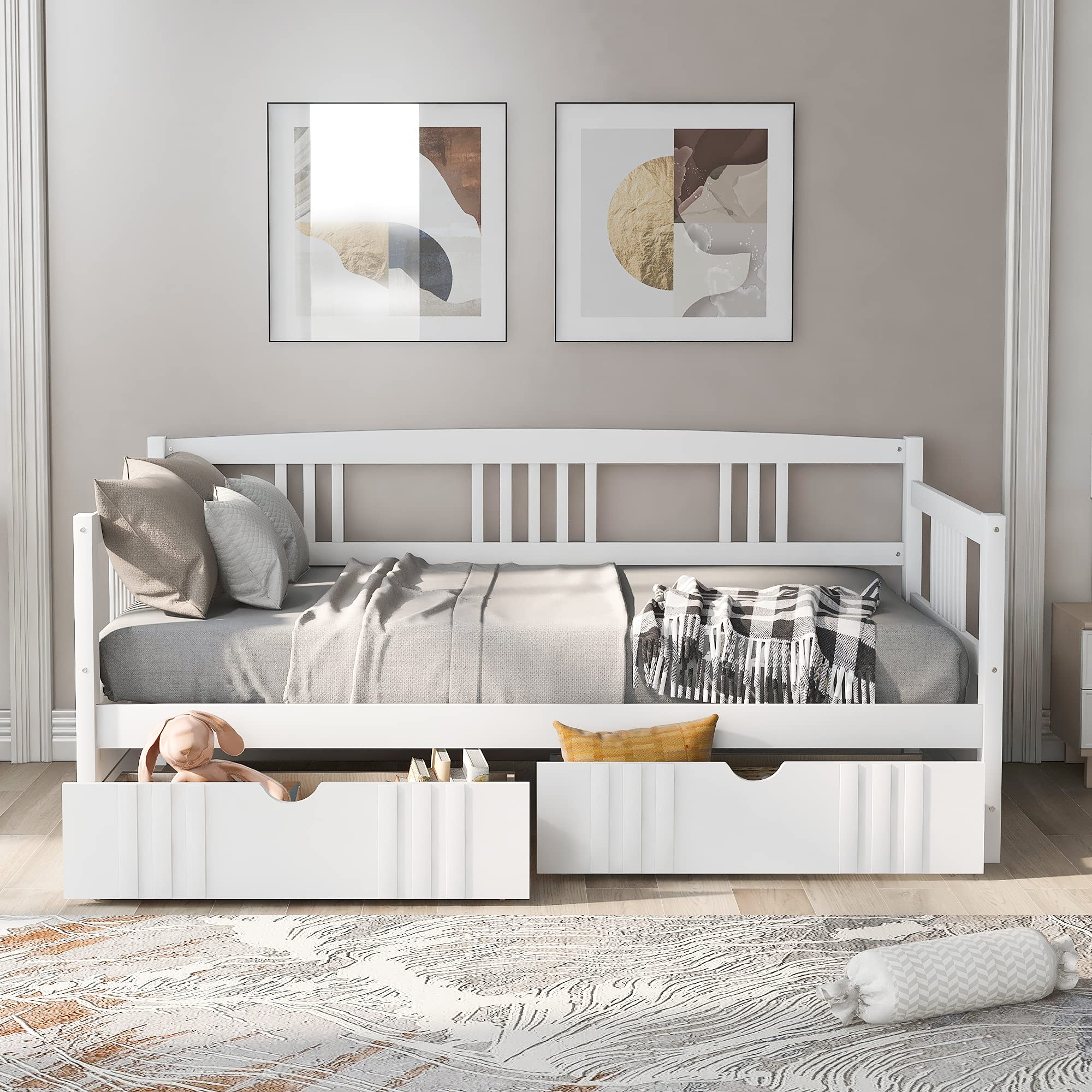 Twin Size Wooden Daybed with Storage Drawers - Convertible Sofa Bed for Teens & Adults - Space-Saving Bedroom Furniture (White) | Perfect for Guest Rooms, Small Apartments & Dorm Rooms