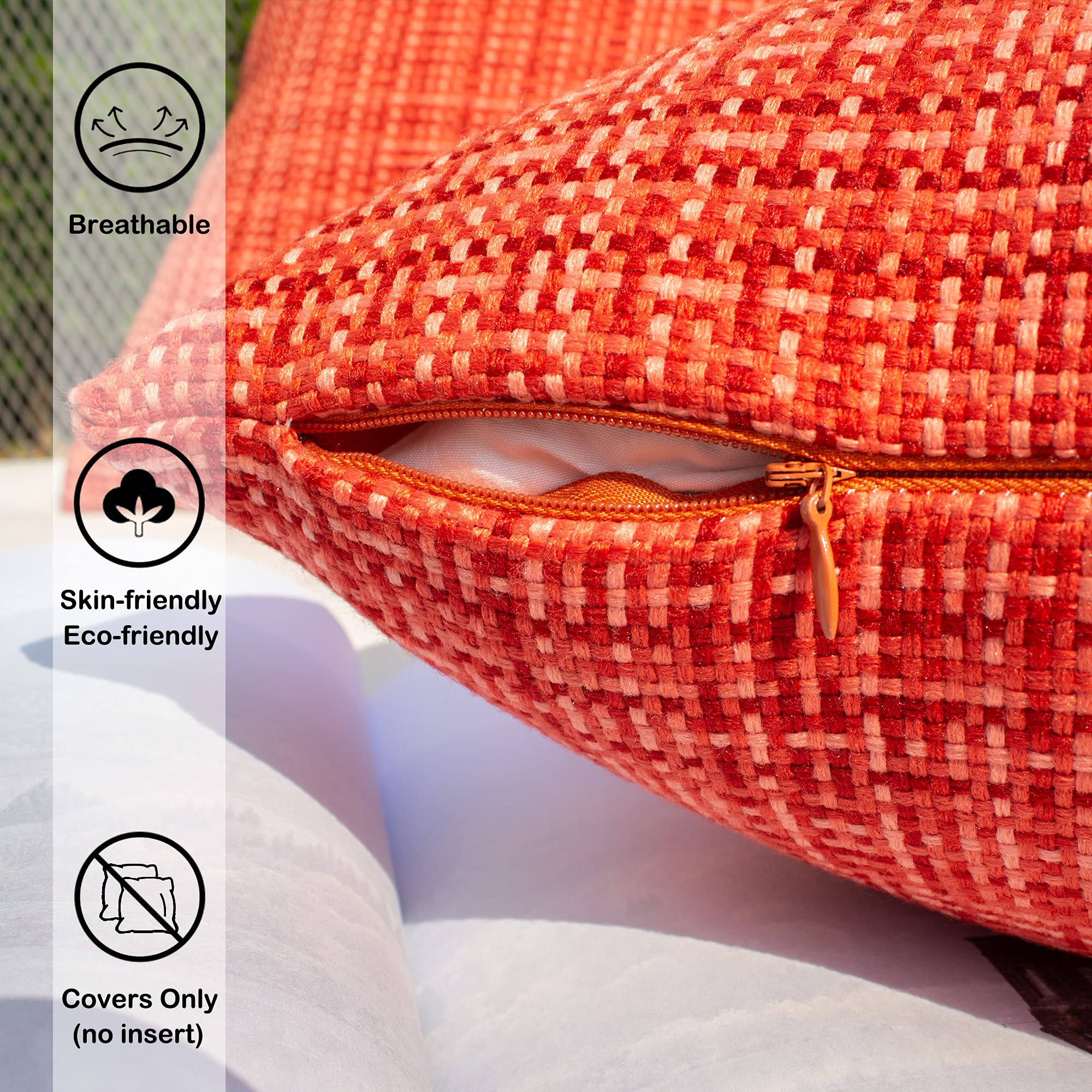 Kevin Textile 2-Pack Waterproof Outdoor Decorative Pillow Covers - 18x18 Inch Stripe Square Cushion Cases for Patio, Couch, Bench - Red | Weather-Resistant & UV Protection for Garden, Poolside & Porch Use