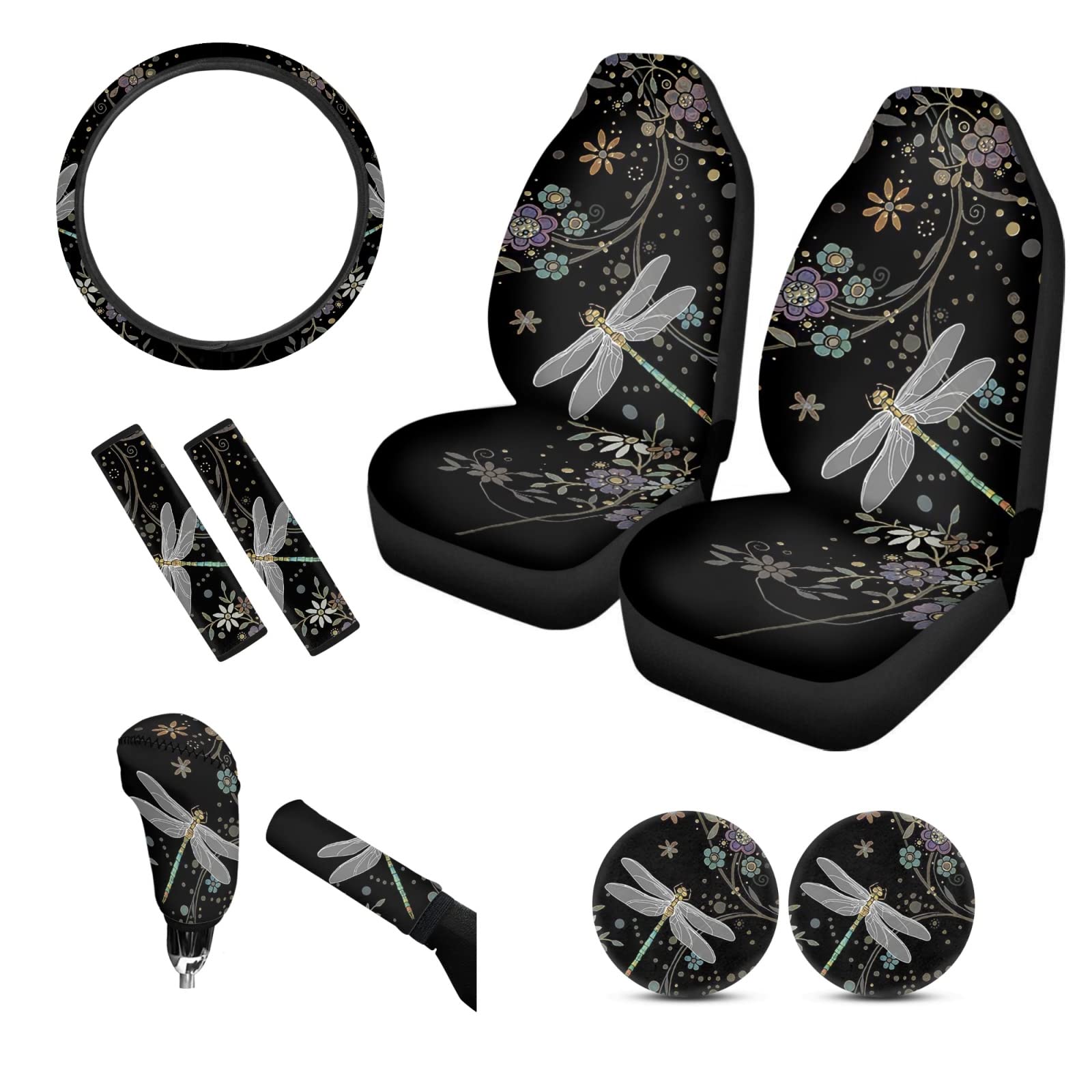 Dragonfly Print 9-Piece Car Interior Accessories Set - Seat Covers, Steering Wheel Cover, Belt Cover, Shift Knob Cover & Cup Coasters | Stylish Car Decor for Sedans, SUVs & Trucks