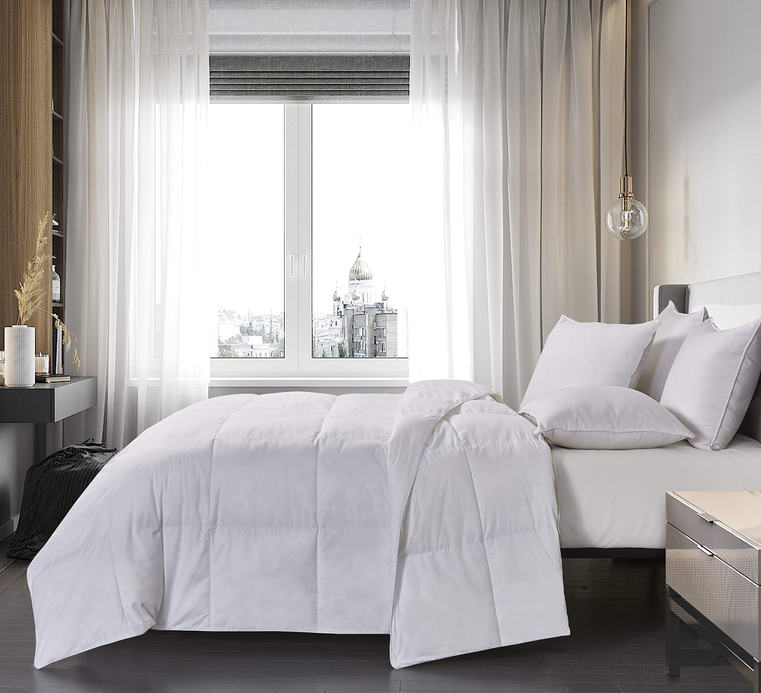 Blue Ridge Home Fashions White Goose Down & Feather Comforter - 100% Cotton, Full/Queen Size - Luxury Bedding for Cozy Winter Nights & Hotel-Style Comfort