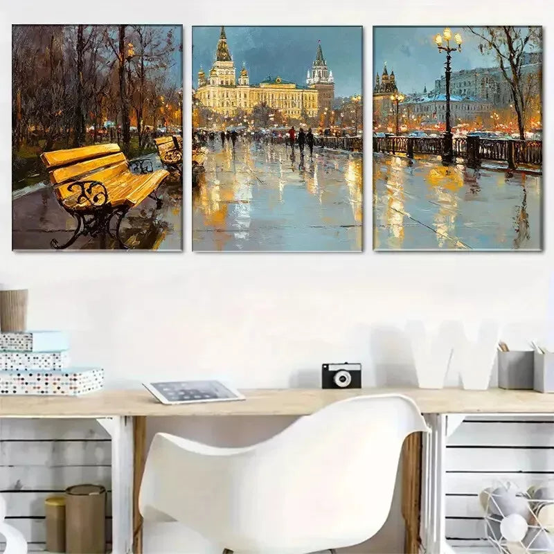 3-Piece Moscow Evening Streetscape Wrapped Wall Art Set - Framed Canvas 40x60cm (16x24in) - High Quality Print - 100% Australian Made - Ready to Hang - Perfect for Living Room, Bedroom & Office Decor