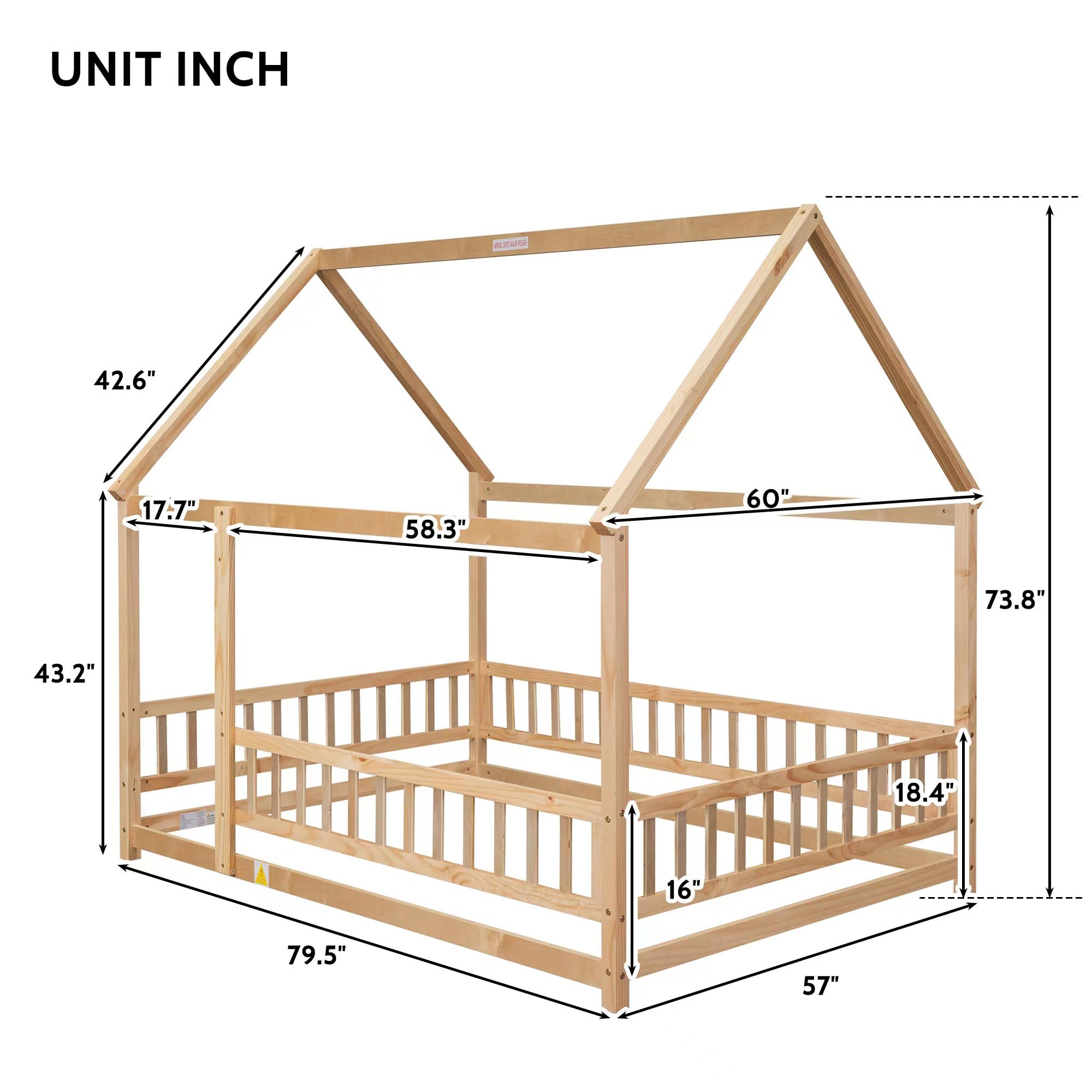 Bellemave Full Size House Bed for Kids - Solid Wood Montessori Floor Bed with Safety Fence & Playhouse Roof - Natural Wood Toddler Bed Frame for Girls & Boys - Perfect for Bedrooms, Playrooms & Montessori Learning Spaces