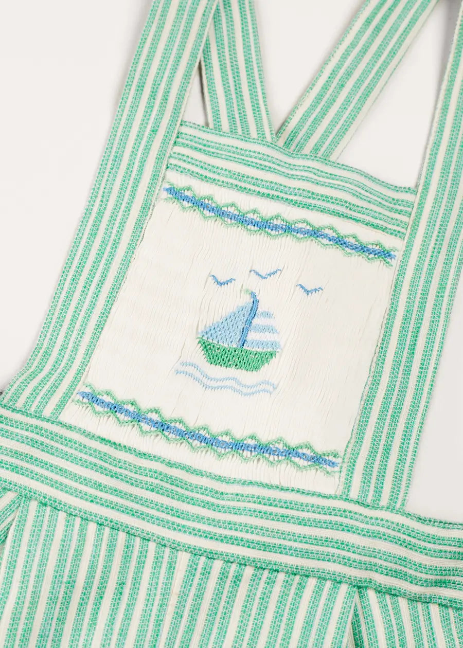 Cheyne Striped Boat Embroidery Dungarees for Toddlers - Green (18 Months to 4 Years) | Comfortable Kids Overalls for Playtime, Outdoor Adventures & Casual Wear