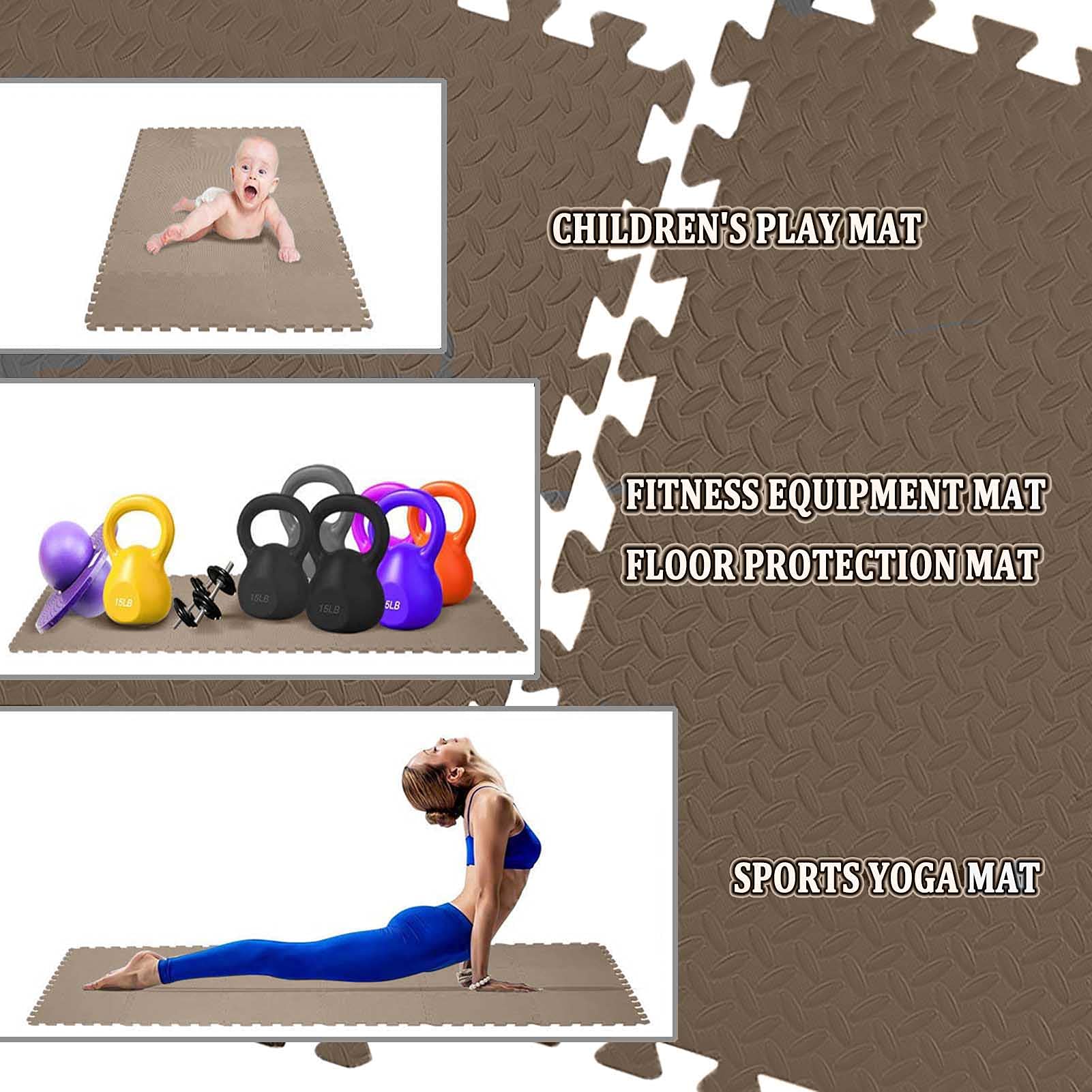 Interlocking Foam Floor Mats 60x60x1.2cm - Non-Slip Puzzle Exercise Tiles with Borders for Gym, Home Workout & Yoga - 12-Piece Set (Brown Leaf Design) - Perfect for Home Gym, Kids Play Area & Fitness Training