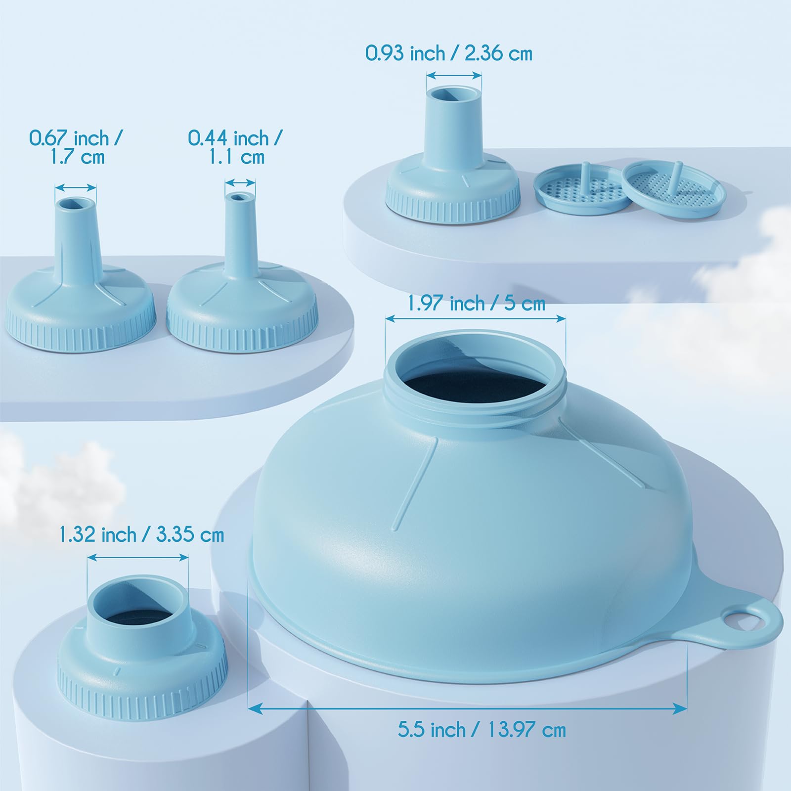 Wide Mouth Multi-Purpose Funnel Set - 4 Size Spouts & 2 Strainers - Food Grade Plastic Kitchen Funnel for Canning, Bottles & Bags - Perfect for Home Brewing, Oil Transfer & DIY Projects (Blue)