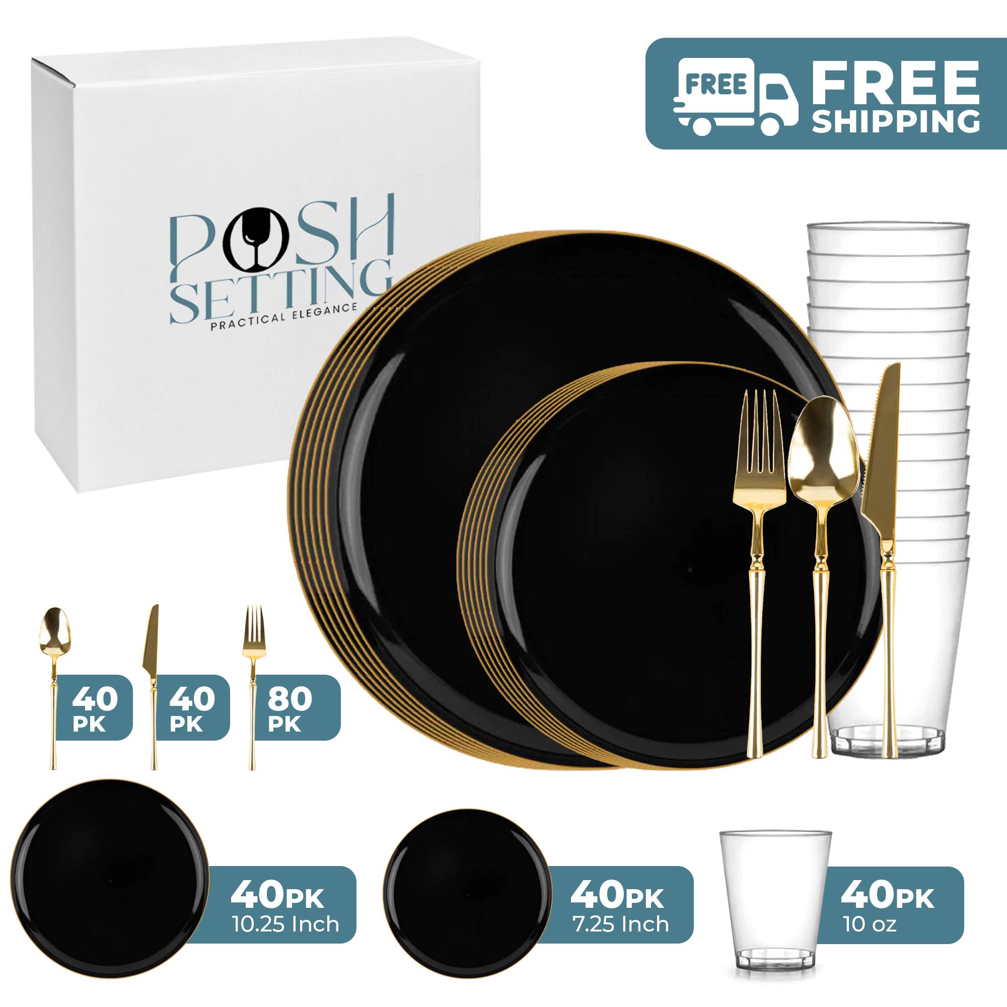 Luxury Black and Gold Plastic Party Supplies Bundle - Elegant Disposable Tableware for Weddings, Birthdays & Special Events