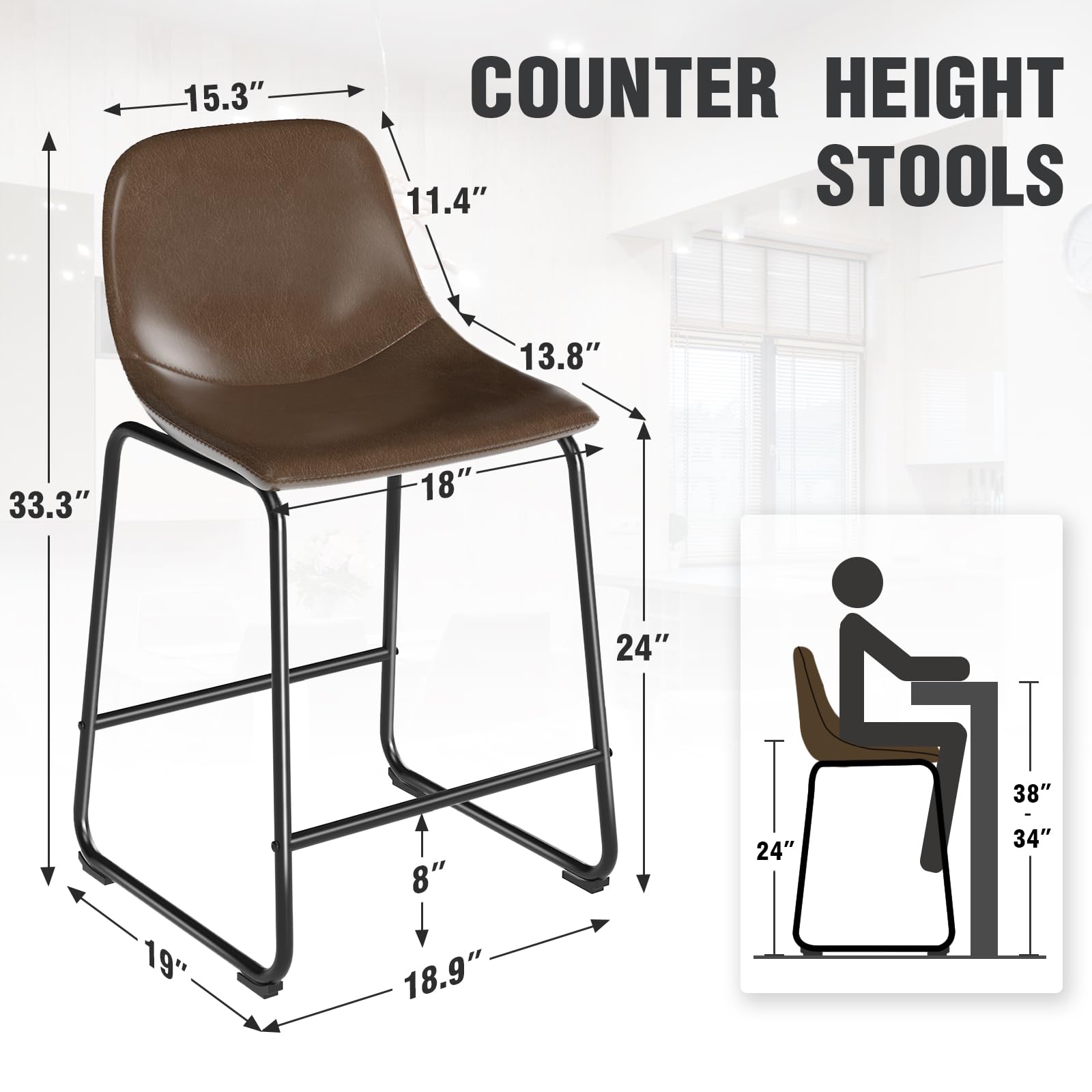 TAVR 24 Inch Counter Height Bar Stools Set of 2 - 500 lbs Weight Capacity, Armless Metal Leg Bar Chairs with Soft Backrest for Kitchen Island, Coffee Shop, Restaurant & Home Bar - Brown Modern Stools for Dining & Entertaining