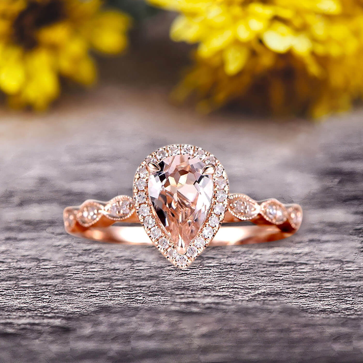 1.50 Carat Pear Shape Morganite Engagement Ring in 10k Rose Gold - Vintage Art Deco Style Promise Ring for Women, Perfect for Proposals, Anniversaries & Special Occasions