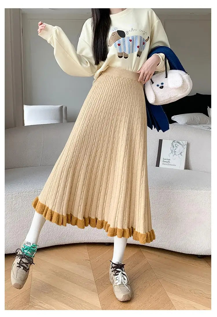 Women's High Waist Knitted Pleated Long Skirt - Black & White Elegant Fall Winter Fashion for Vacation, Office & Casual Wear