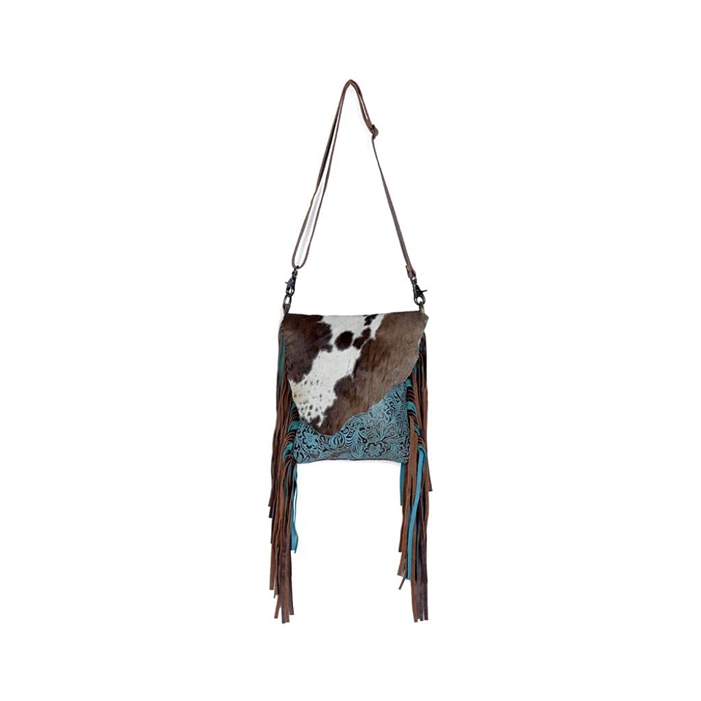 Myra Blue Cow Print Leather Fringe Bag - Conceal Carry for Outdoors