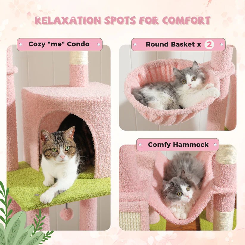 Premium Adjustable Height Cat Tree Tower (216-285cm) - Cactus Design Scratching Post for Indoor Cats - Durable & Stylish Pink Pet Furniture for Play, Climbing & Relaxation - Perfect for Small Spaces & Cat Condos