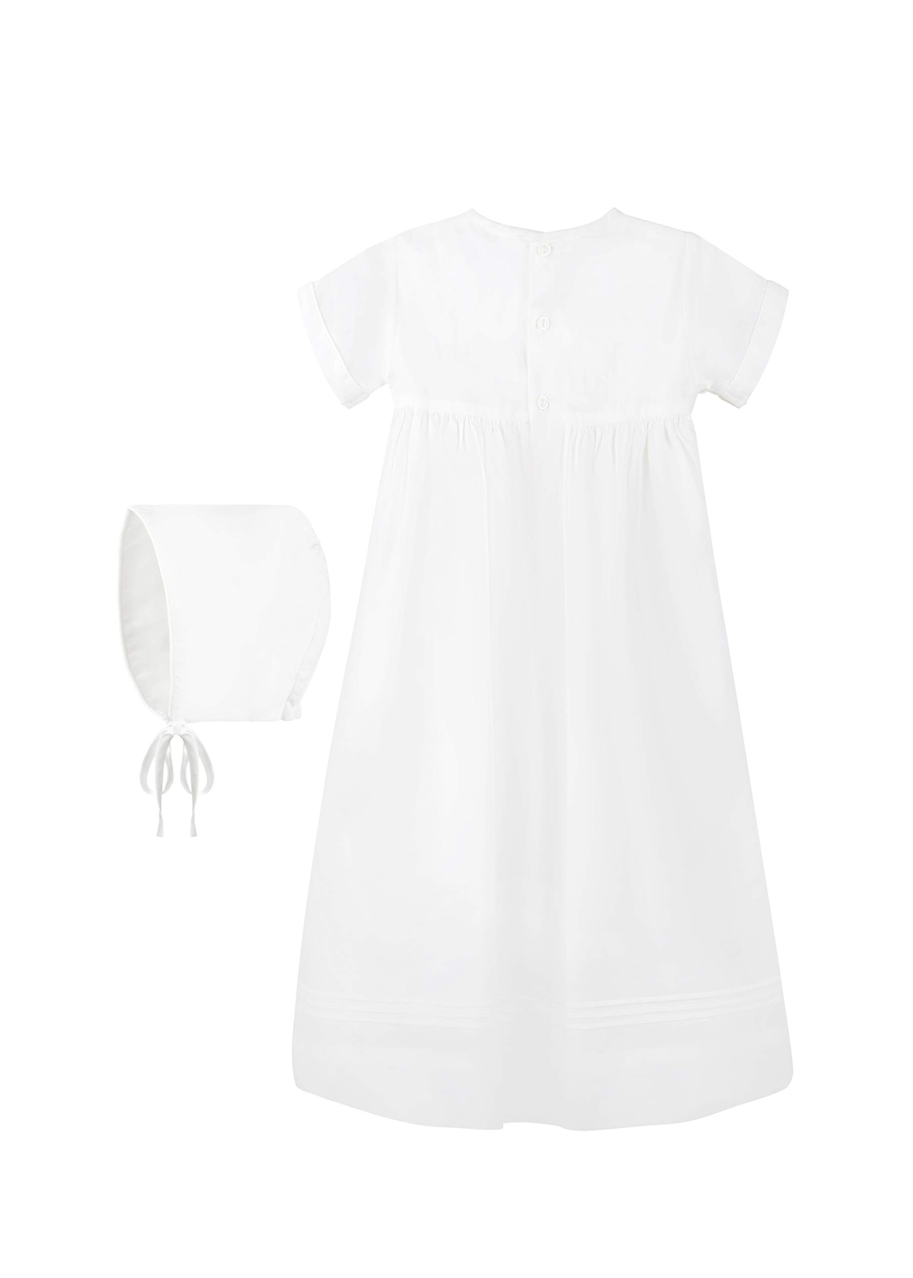 White Christening Gown for Baby - Hand-Smocked Yoke with Cross Detail, Short Sleeves & Matching Bonnet | Perfect for Baptism, First Communion & Special Occasions