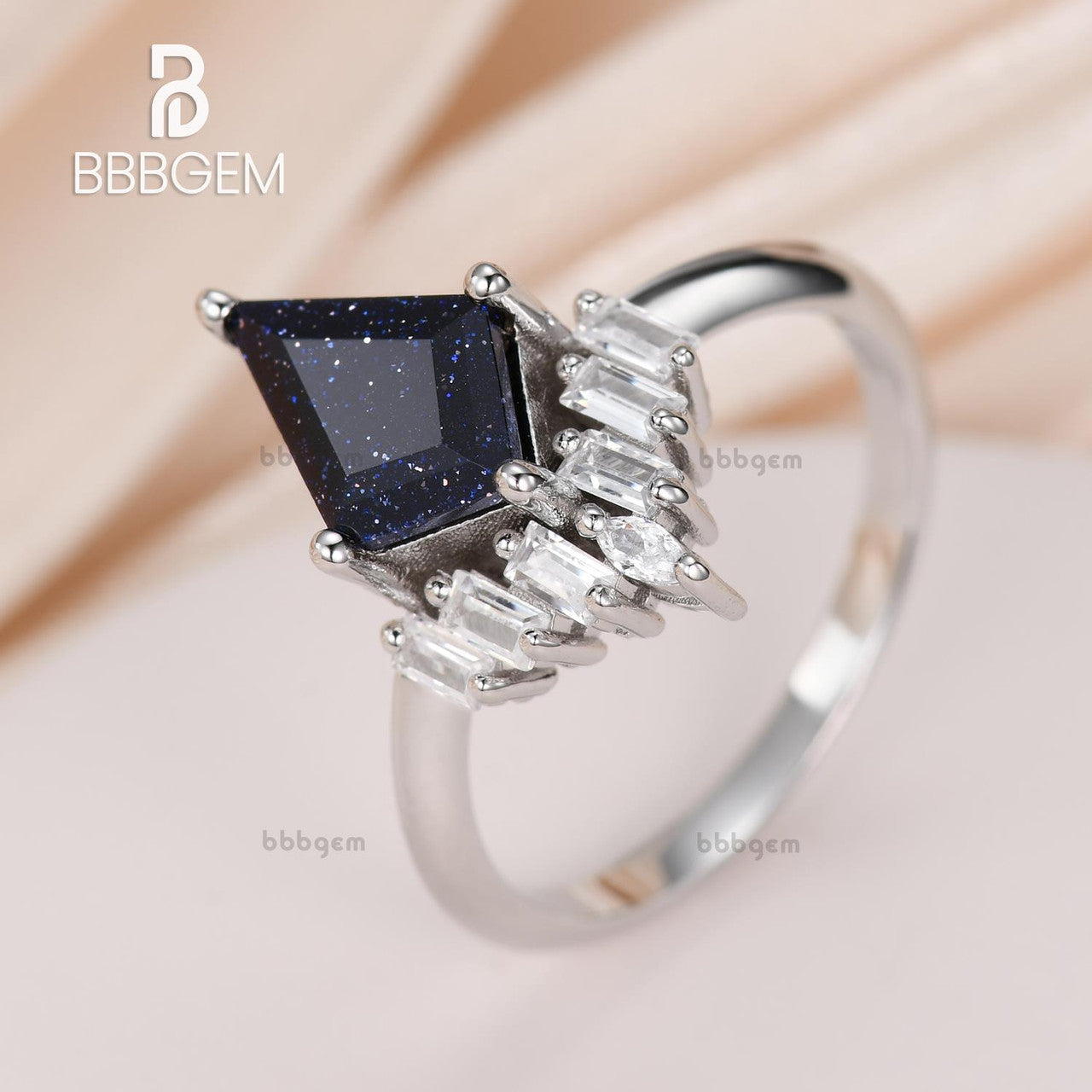 Vintage Blue Goldstone Moissanite Engagement Ring - Knife Edge Kite Cut Blue Sandstone Statement Ring for Women, Wedding, Anniversary & Special Occasions