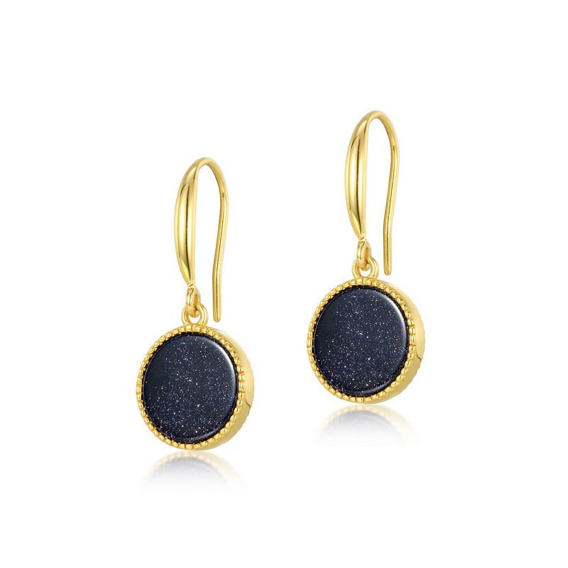Elegant Blue Sandstone Wedding Jewelry Set - Solitaire Blue Goldstone Yellow Gold Minimalist Pendant Necklace & Stud Earrings for Brides, Engagement & Special Occasions