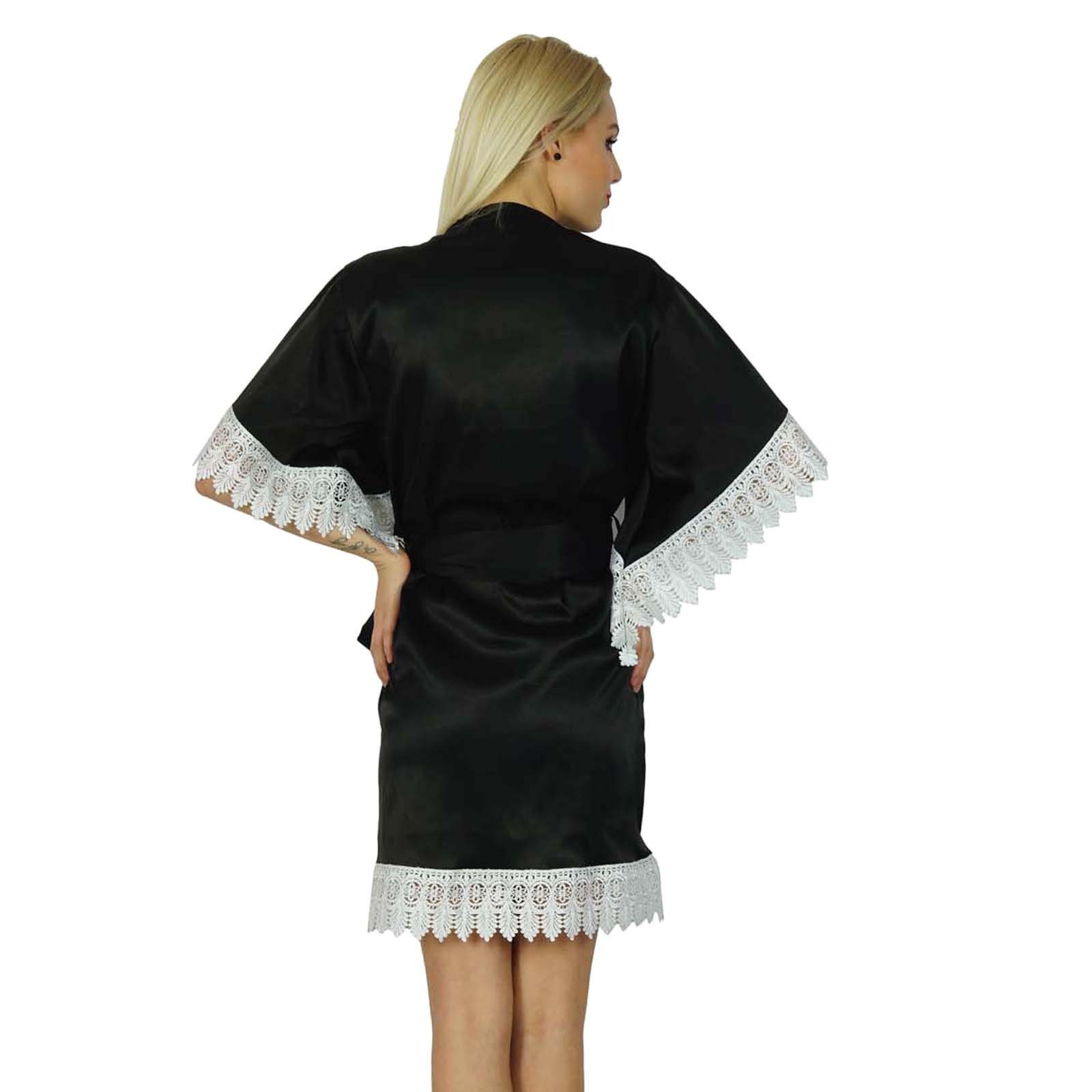 Bimba Women's Short Satin Kimono Robe with Lace Trim - Elegant Bridal & Bridesmaid Cover Up - Black - Perfect for Wedding Morning Prep, Spa Days & Boudoir Photography