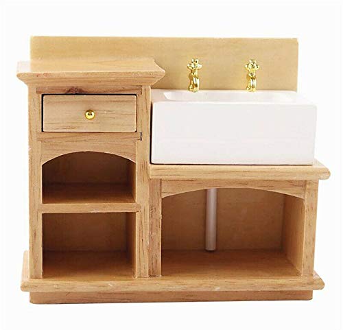 1/12 Scale Miniature Wooden Wash Basin Cabinet with Ceramic Sink - Realistic Dollhouse Bathroom & Kitchen Decor Accessory for DIY Miniature Scenes, Model Displays, and Home Decoration