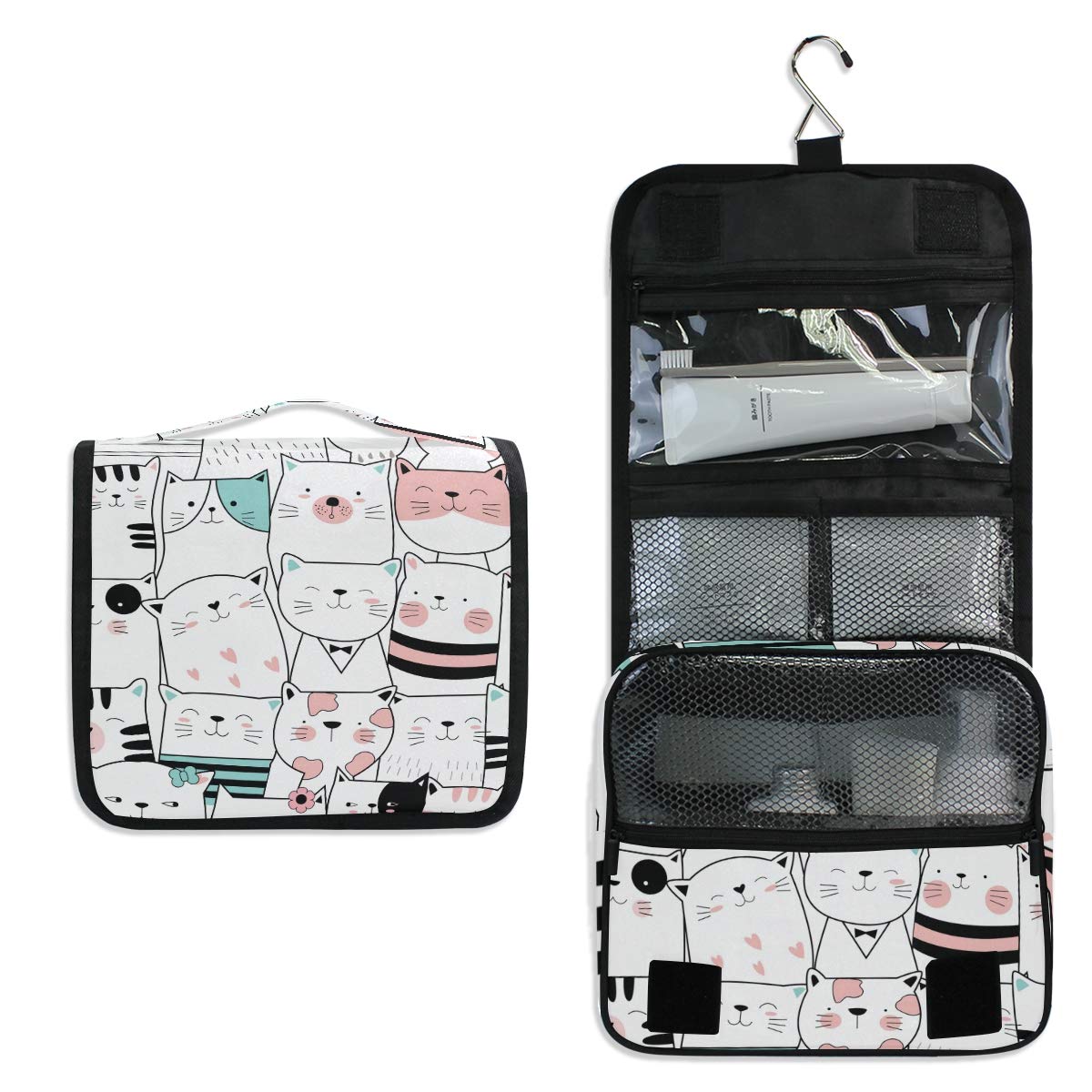 MOYYO Cute Cartoon Cat Travel Hanging Toiletry Bag - Waterproof Cosmetic Makeup Organizer Pouch for Women & Men - Perfect for Shower, Gym, Camping & Vacation Trips