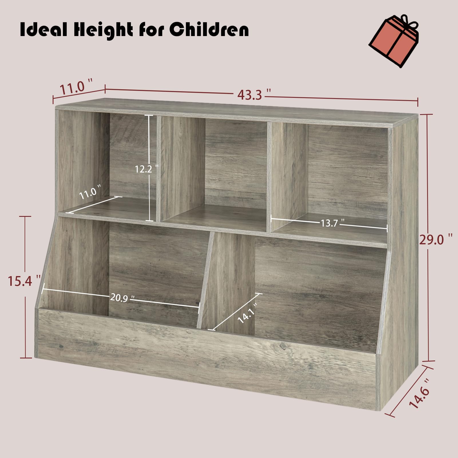 DINZI LVJ 5-Cubby Wooden Toy Storage Organizer & Kids Bookshelf - Gray Wash Toy Cabinet for Playroom, Bedroom, Nursery - Perfect for Organizing Toys, Books & School Supplies (43.3