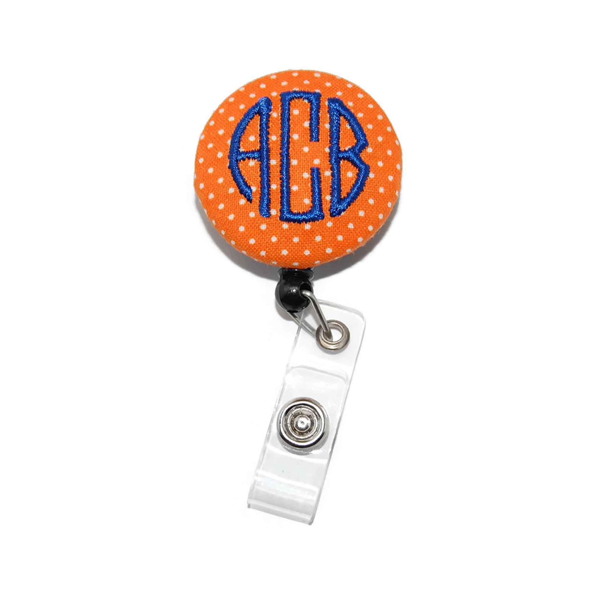 Personalized Orange Swiss Dot Retractable Badge Reel with Royal Blue Accent - Custom ID Holder & Key Card Clip for Nurses, Teachers, Office Professionals