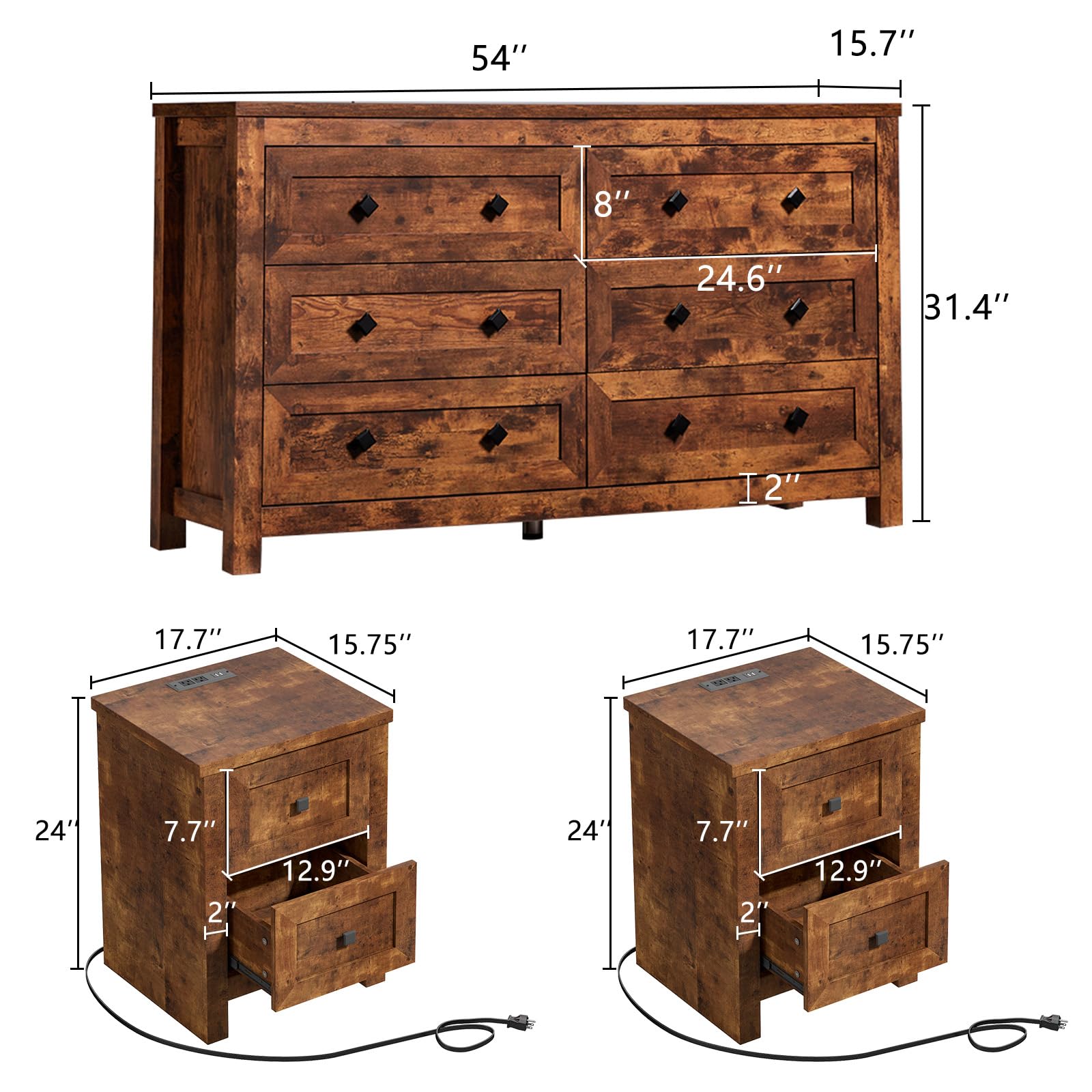 Rustic Brown 3-Piece Bedroom Dresser and Nightstand Set - Farmhouse Style 6-Drawer Storage Dresser & 2 Nightstands with Charging Station | Perfect for Master Bedroom, Guest Room & Apartment Furniture