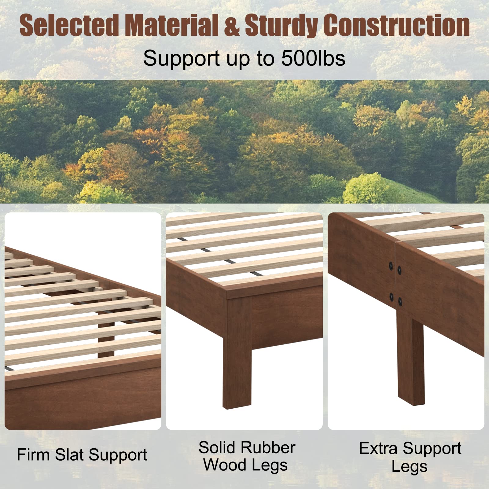KOMFOTT Twin Size Wood Platform Bed Frame with Headboard - Mid Century Modern Walnut Bed with Slat Support & Under Bed Storage - No Box Spring Needed - Perfect for Small Bedrooms, Guest Rooms & Dorm Rooms