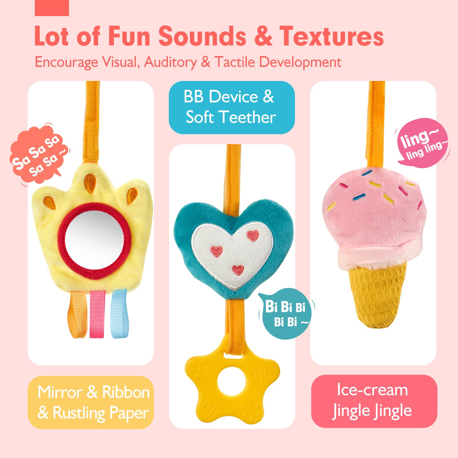 Hahaland Baby Car Seat Toys for 0-6 Months - Developmental Rattles, Mirror & Crinkle Toys for Newborn Girls - Perfect Stroller & Crib Toys for Sensory Play & Early Learning - Great Easter Gift for Infants