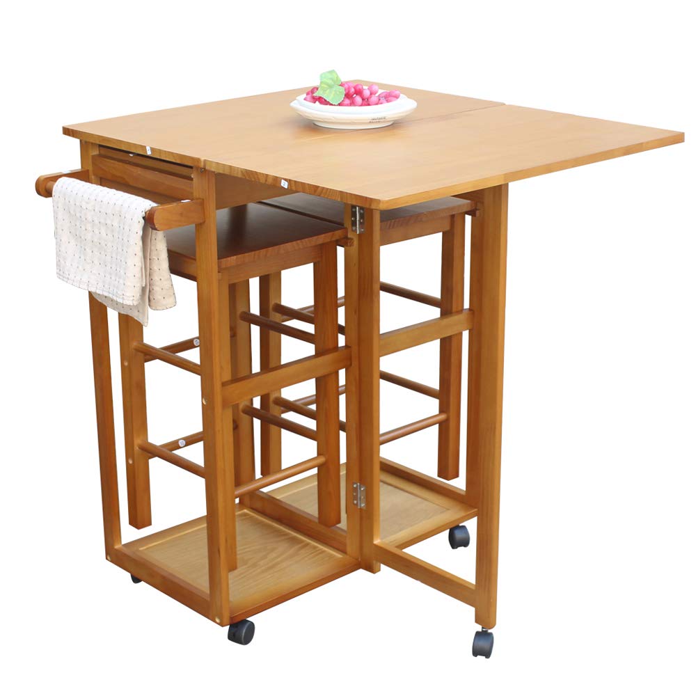 3 Piece Dining Table Set with 2 Stools - Compact Kitchen Table for Small Spaces - Removable Rolling Pub Bar Table with 2 Drawers - Brown - Perfect for Apartments, Dorms & Small Kitchens - Space Saving Dining Solution