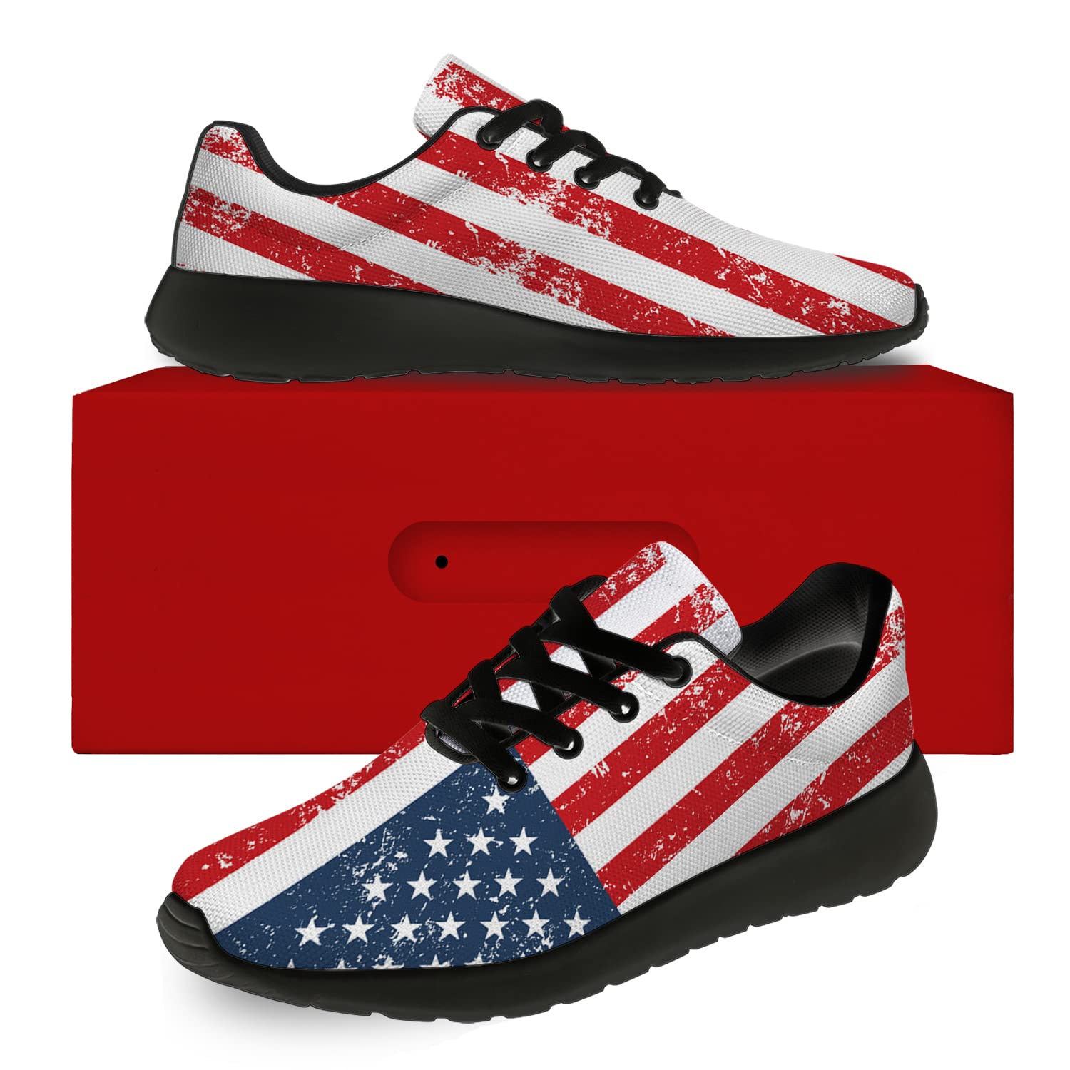 American Flag Running Shoes for Men & Women - USA Patriotic Tennis Sneakers for Walking, Jogging & Independence Day - Unisex Gifts for Him & Her (Size 11 Men/13 Women) Black & Navy Red - Perfect for 4th of July Celebrations, Outdoor Activities & Casual Wear