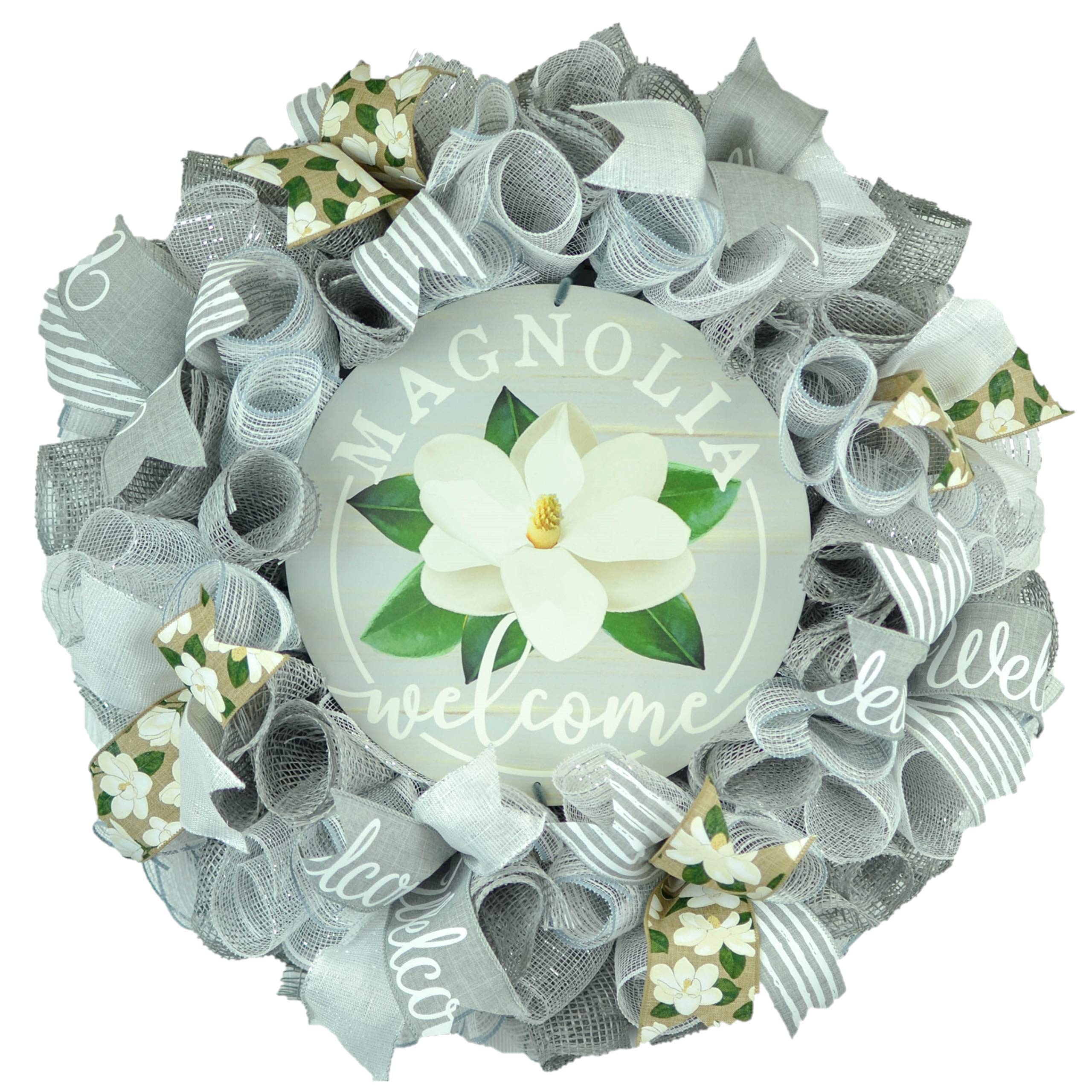 Neutral Magnolia Welcome Wreath - Elegant White and Gray Summer Wreath for Front Door - Spring Home Decor - Wedding Gift Idea - Everyday Door Hanging for Porch, Entryway & Housewarming