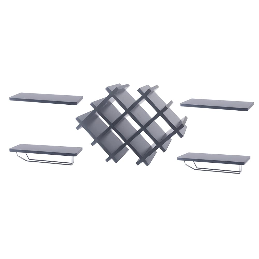5 Pcs Wall Mount Wine Rack - Black Wood Hanging Shelf for Home Bar Decor