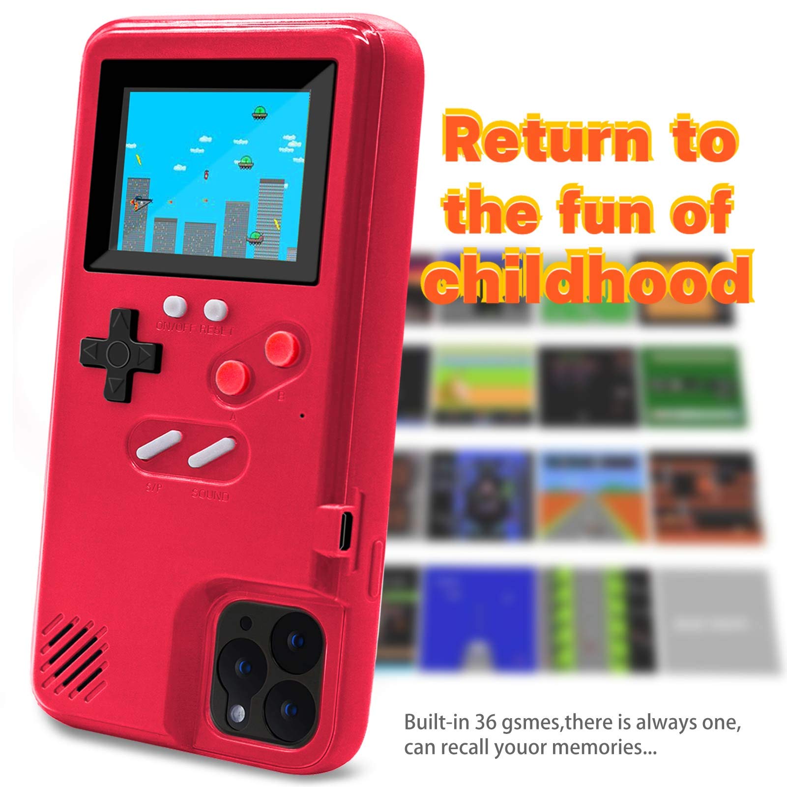 LucBuy Retro Game Console Case for iPhone 13/13 Pro - Self-Powered Protective Cover with 36 Classic Games, Full Color Display & Shockproof Bumper (Red) | Perfect for Gaming Enthusiasts & Retro Lovers On-The-Go