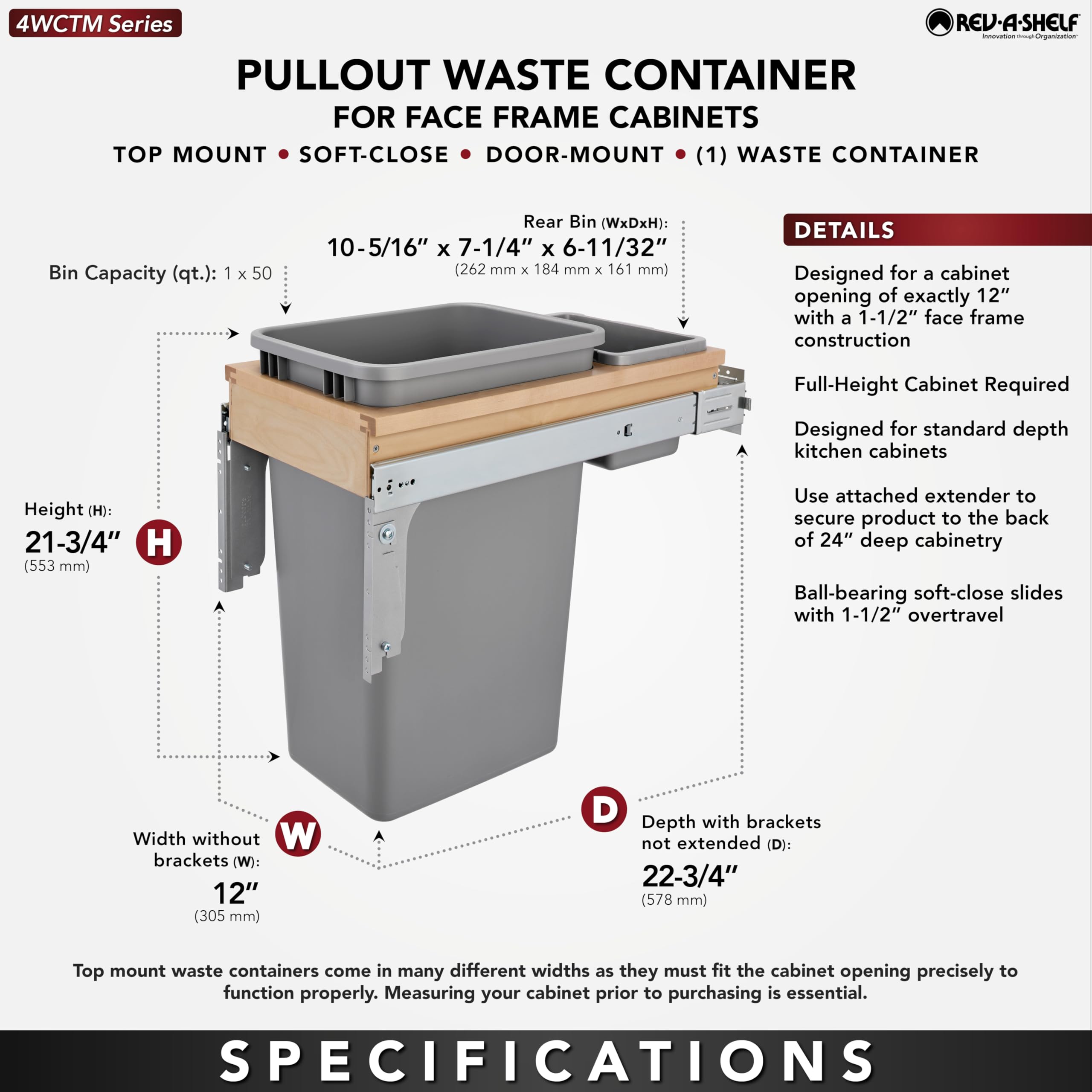Rev-A-Shelf 50 Quart Top Mount Pull Out Trash Can with Soft-Close & Rear Bin - 12.5 Gallon Garbage Bin for 11.75