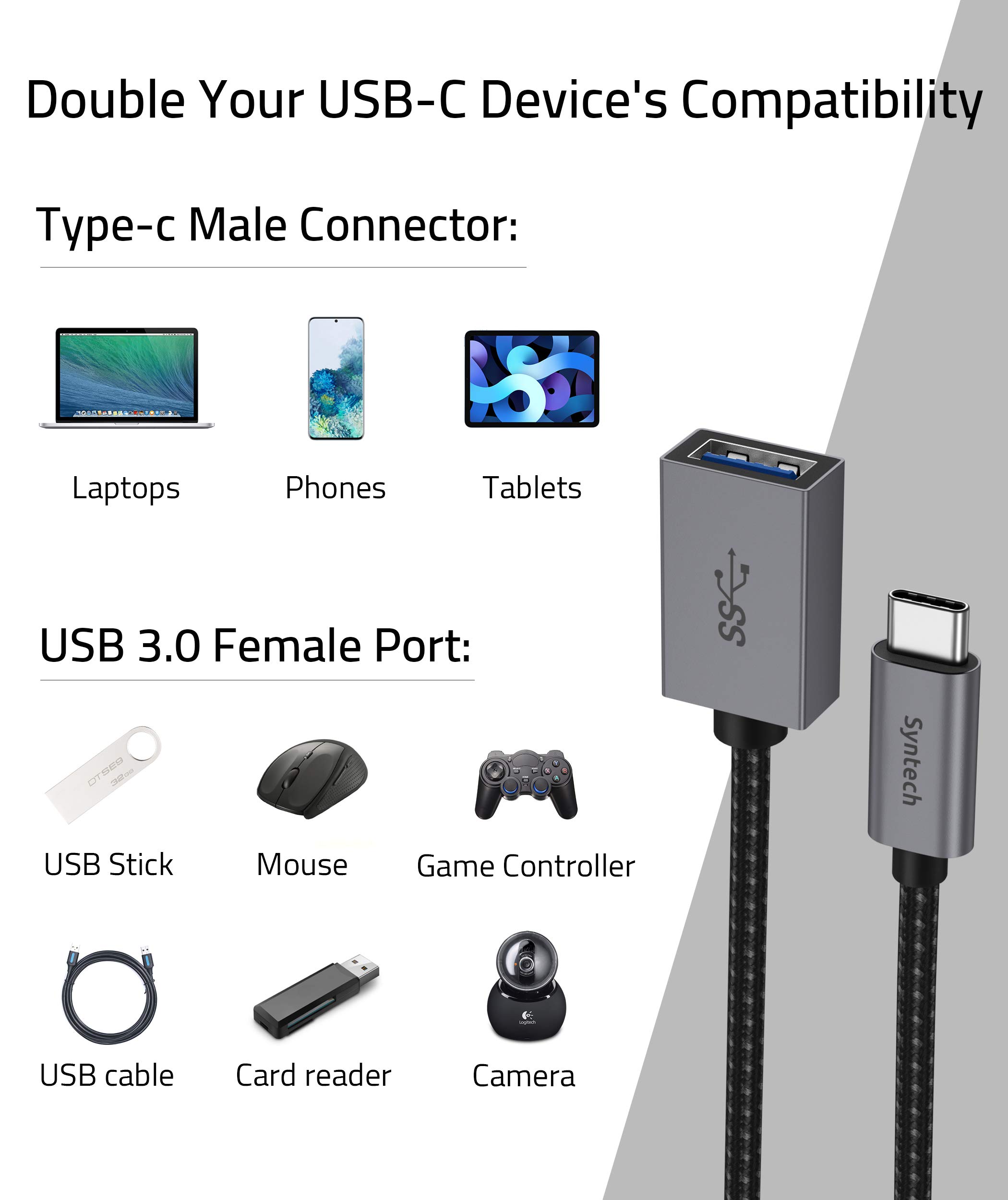 Syntech USB C to USB 3.0 Adapter 2-Pack - Thunderbolt 3 to USB Female OTG Converter - Compatible with iPhone 16/15 Pro Max, iPad Air 2020, MacBook Pro/Air, Galaxy S23/S22 - Space Gray - Perfect for Data Transfer & Charging
